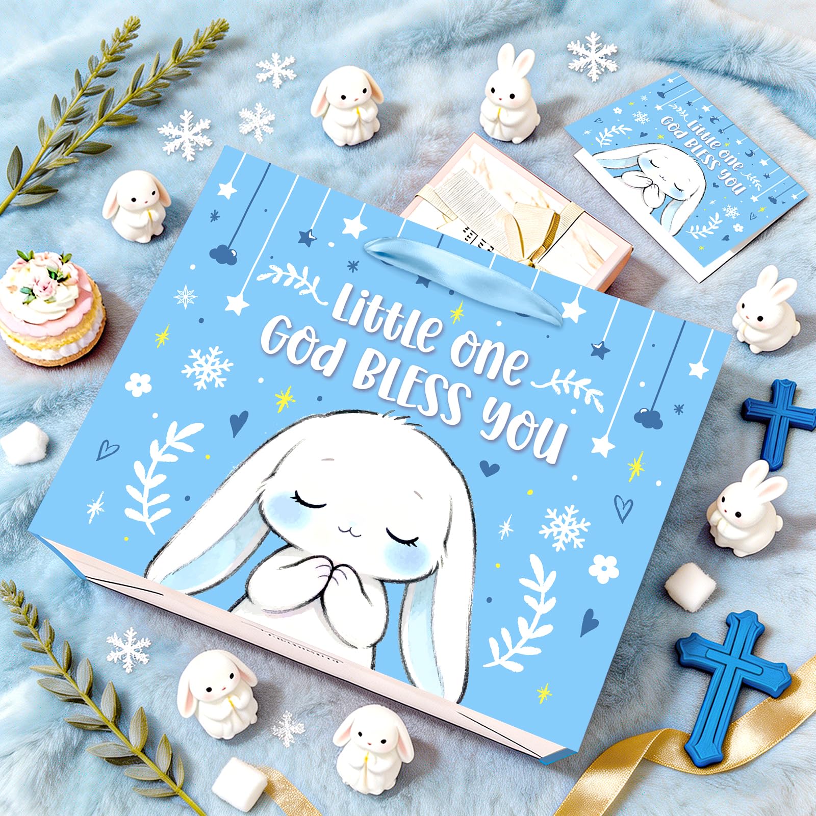 Blue Bunny Baptism Gift Bag for Baby Boys, God Bless You Religious Gift Bag with Greeting Card and Tissue Paper Christening First Holy Communion Party Supplies Boy Baptism Wrapping Paper Bag 11.8"
