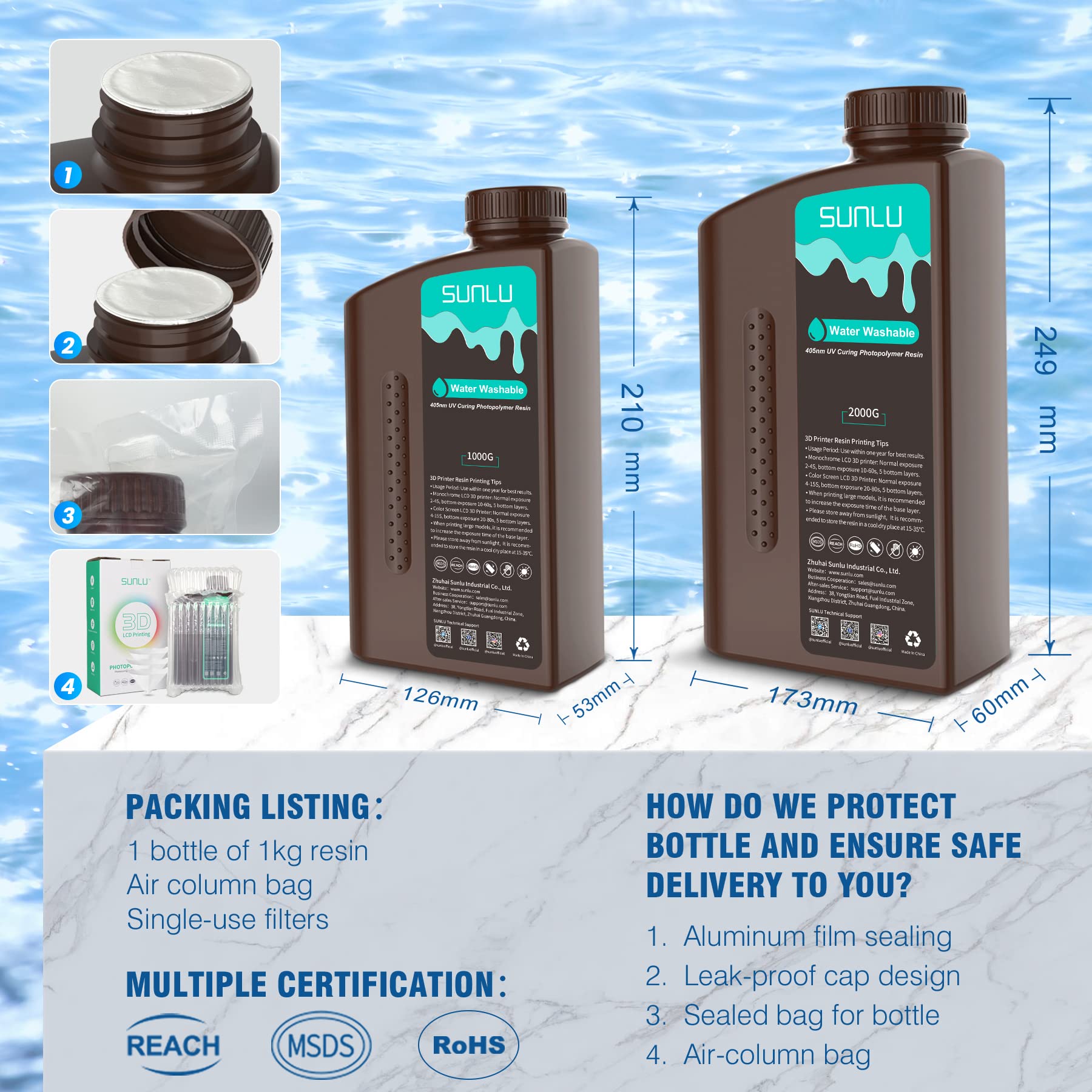 SUNLU Résine Lavable à l'Eau Résine pour Imprimante 3D,1kg UV 405nm 3D l'impression Résine Photopolymère Standard pour LCD DLP SLA Imprimante 3D, Haute Précision, Faible Odeur, Transparent Bleu 1000g