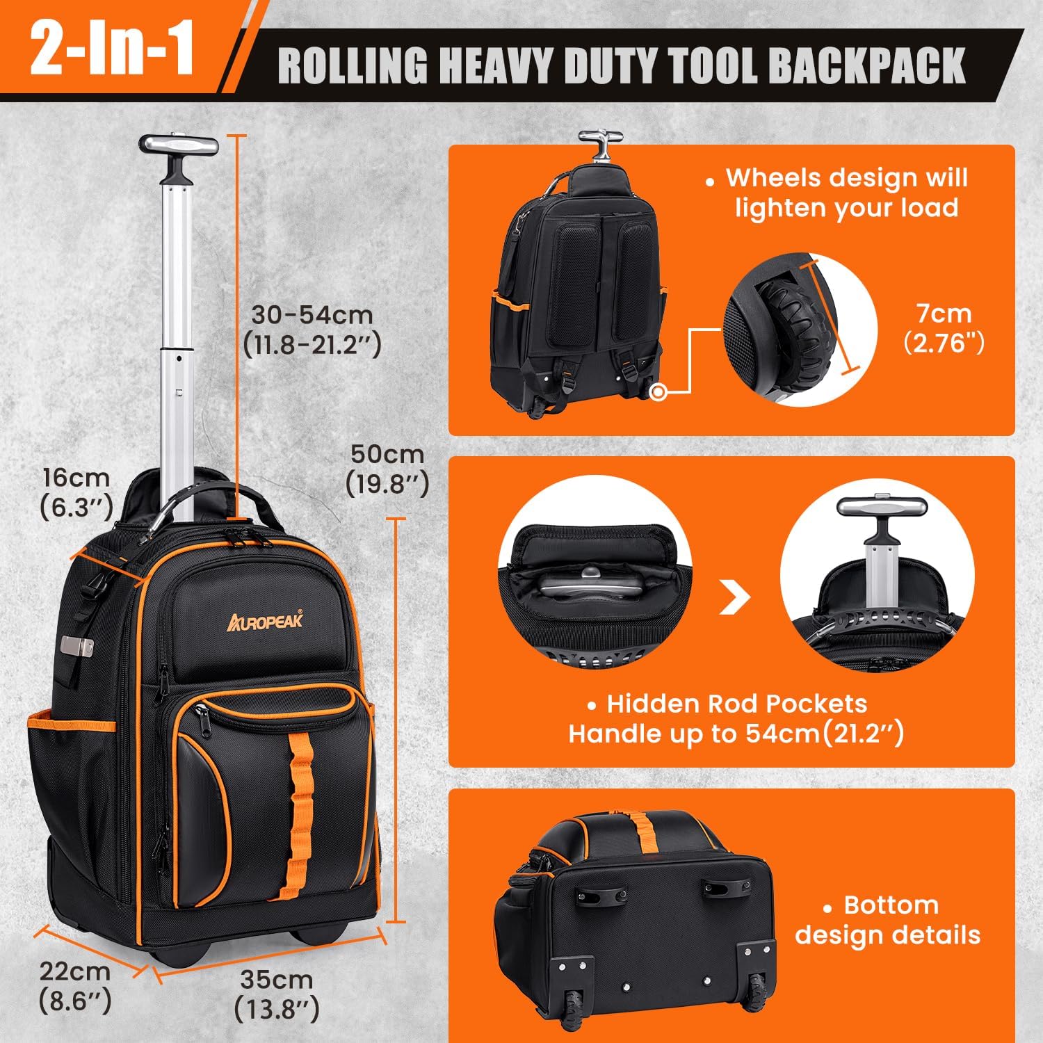 2-In-1 Rolling Tool Backpack Heavy Duty, Rolling Tool Bag with Wheels, 63-Pocket Tool Bags for Men, Waterproof Rolling Tool Backpack for Hvac Electrician Construction Mechanic
