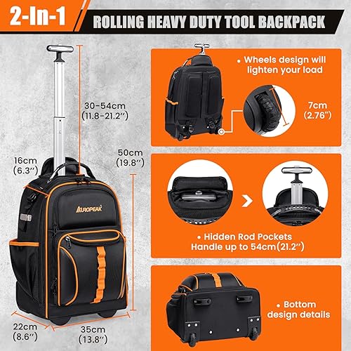 Miniatura 2 de Mochila de herramientas rodante 2 en 1 resistente, bolsa de herramientas rodante con ruedas, 63 bolsillos para hombres, mochila impermeable para