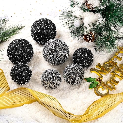 Miniatura 5 de Adornos de bola de Navidad de 12 quilates, decoraciones de bolas de Navidad negras, bolas de perlas colgantes de plástico inastillables para fiestas
