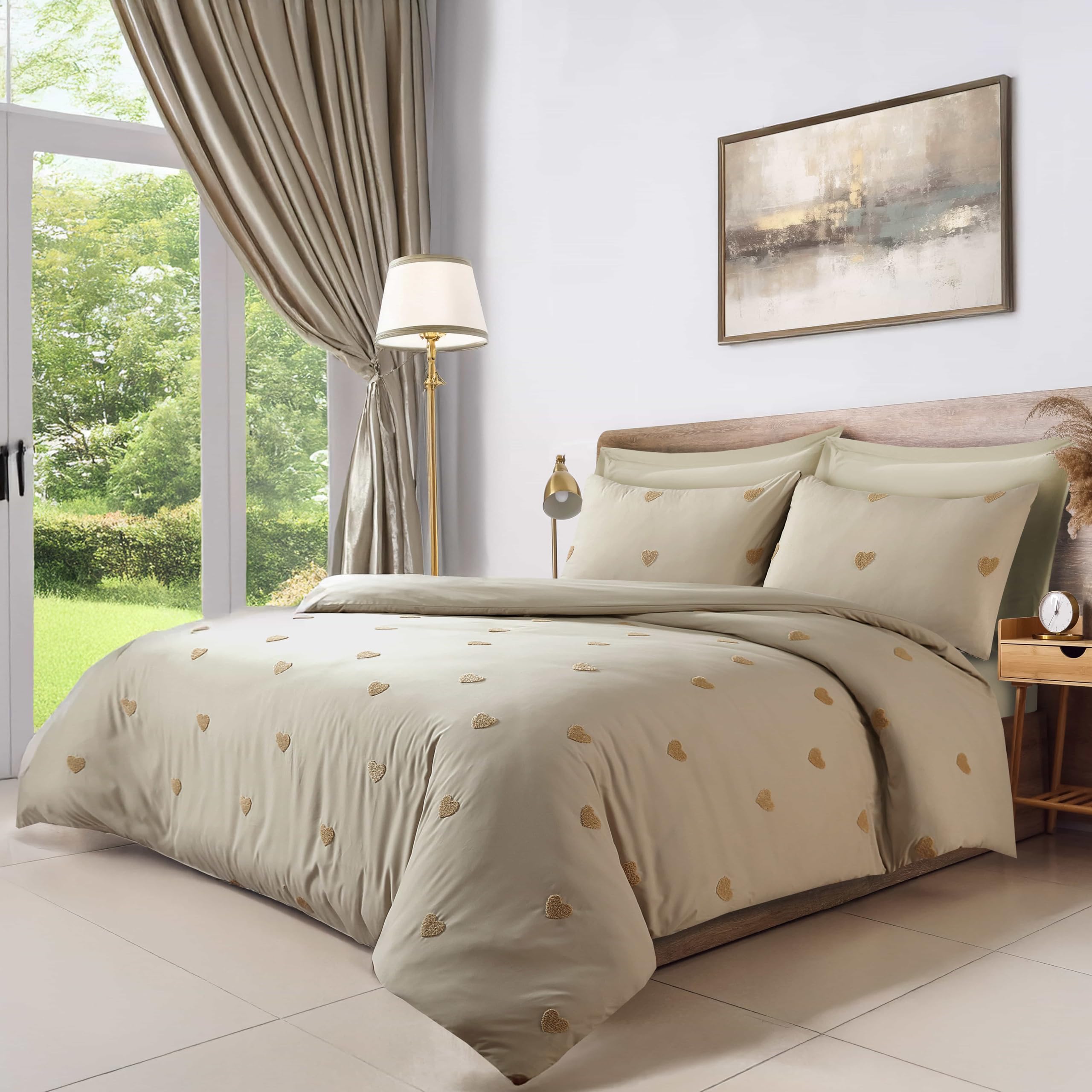 LYMA Bedding Duvet Cover Set Double Heart Tufted, OEKO-TEX Certified, Ultra Soft NanoPlush Double Brushed Quick Dry Fabric & Button Closure, Wrinkle Fade Resistant Quilt Cover with Pillowcases (Beige) — image 1