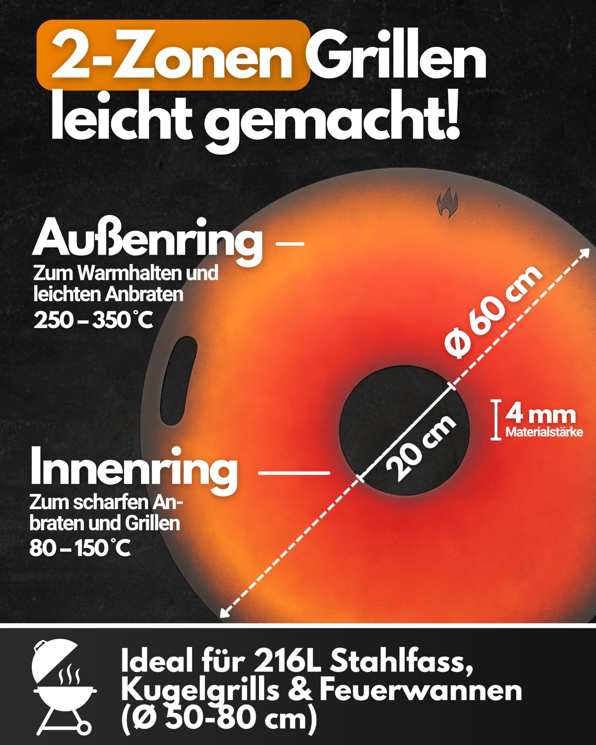 Feuerfest 123 Grillplatte rund I Ø 60cm I Feuerplatte aus Feinkorn-Stahl I Massive Plancha-Platte mit 4mm Stärke I Grillaufsatz für Feuerschale, Feuertonne, BBQ-Grilltonne & Kugelgrill