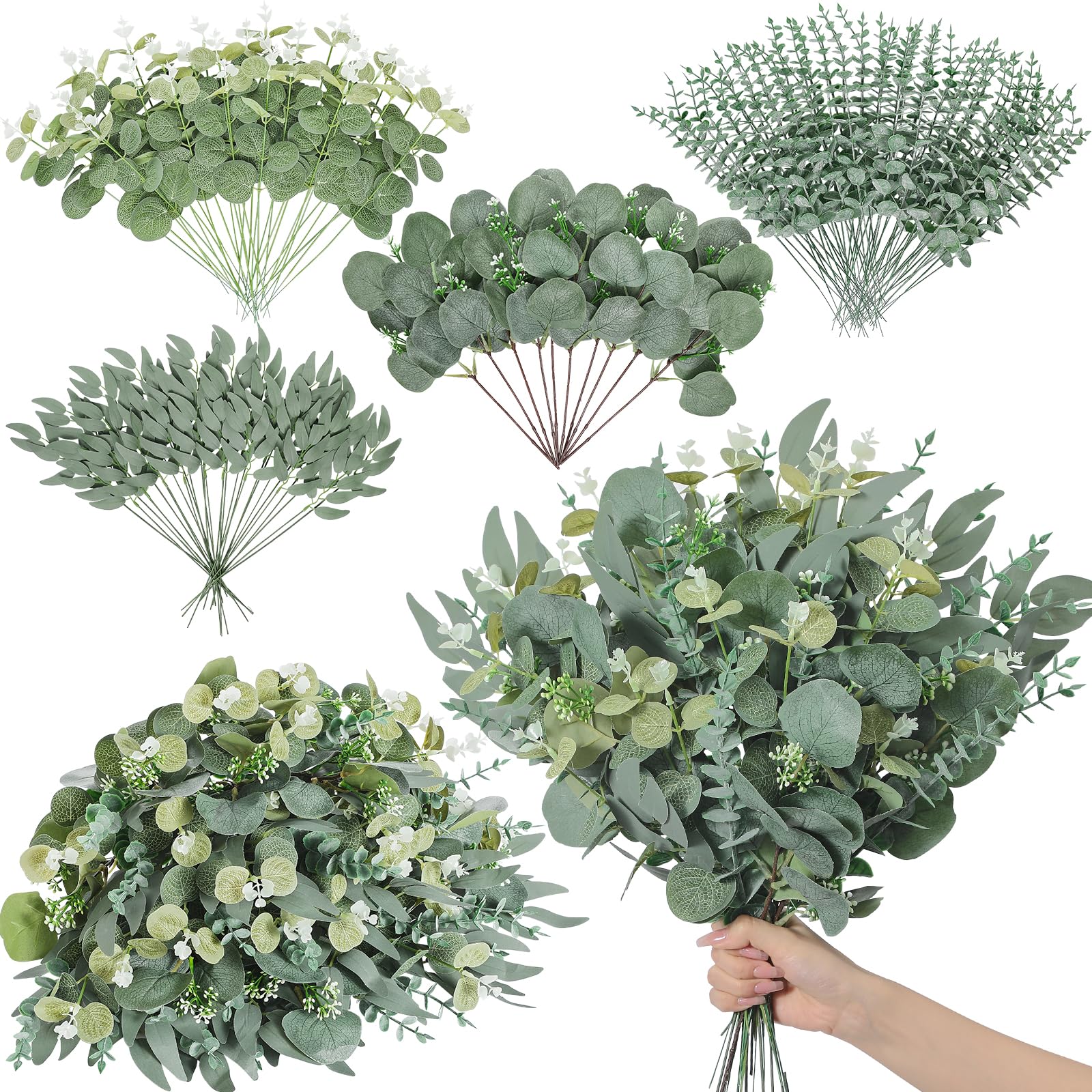 Serwalin 100pcs Artificial Mixed Eucalyptus Stems Leaveas Bulk, 4Kinds Fake Grennery Silver Dollar Eucalyptus Leaves Picks,Faux Greenry Stems Sprays for DIY Bouquets Floral Arrangement Home Decor