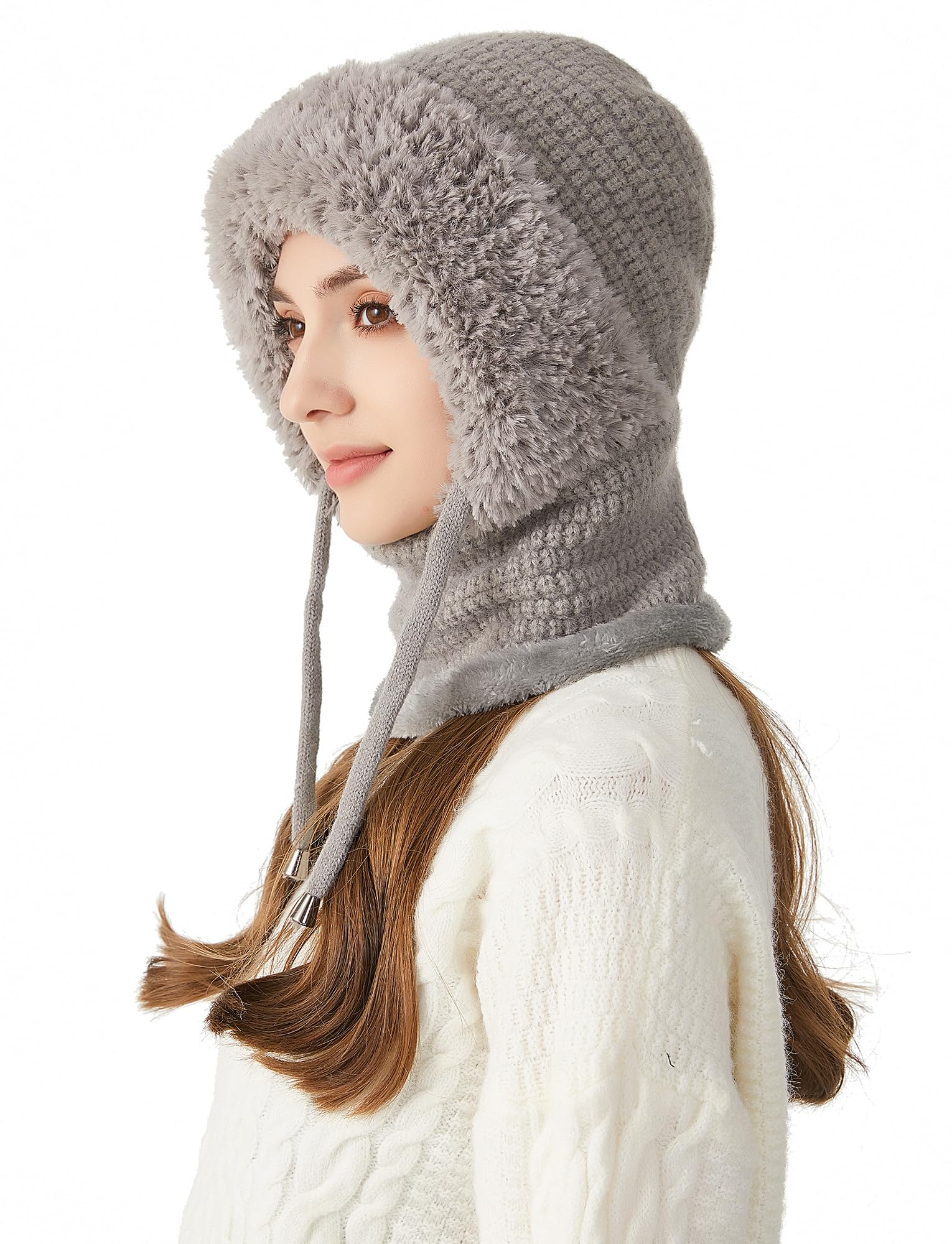 SEAUR Bonnet d'hiver souple pour femme avec doublure en polaire - Cagoule chaude - Avec cordon de serrage