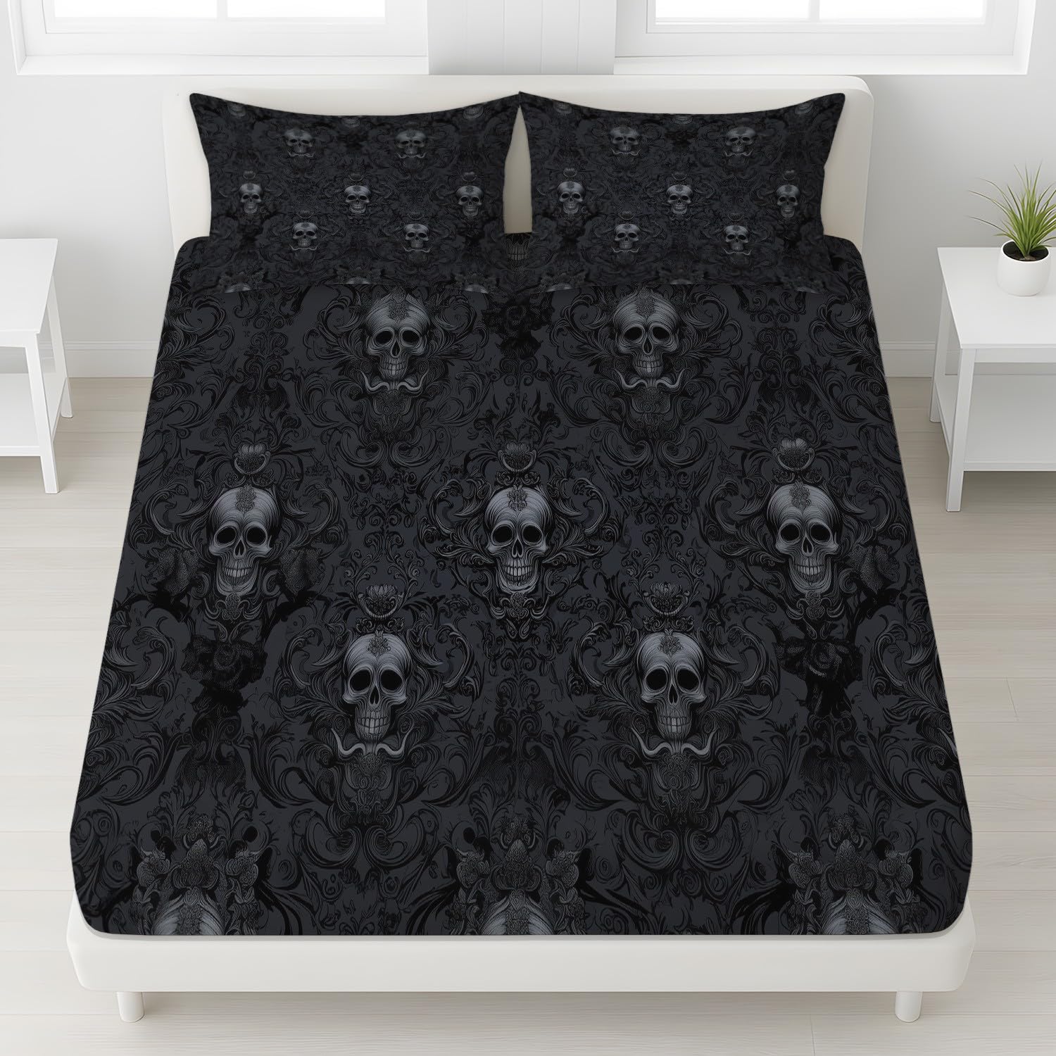 Dunkel Schädel Spannbetttuch Gotisch Mystisch Damast Spannbettlaken 140 x 200 x 30 cm 3teilig Mikrofaser Bettwäsche Set mit 2 Kissenbezüge 80 x 80 cm Kein Flachbettlaken
