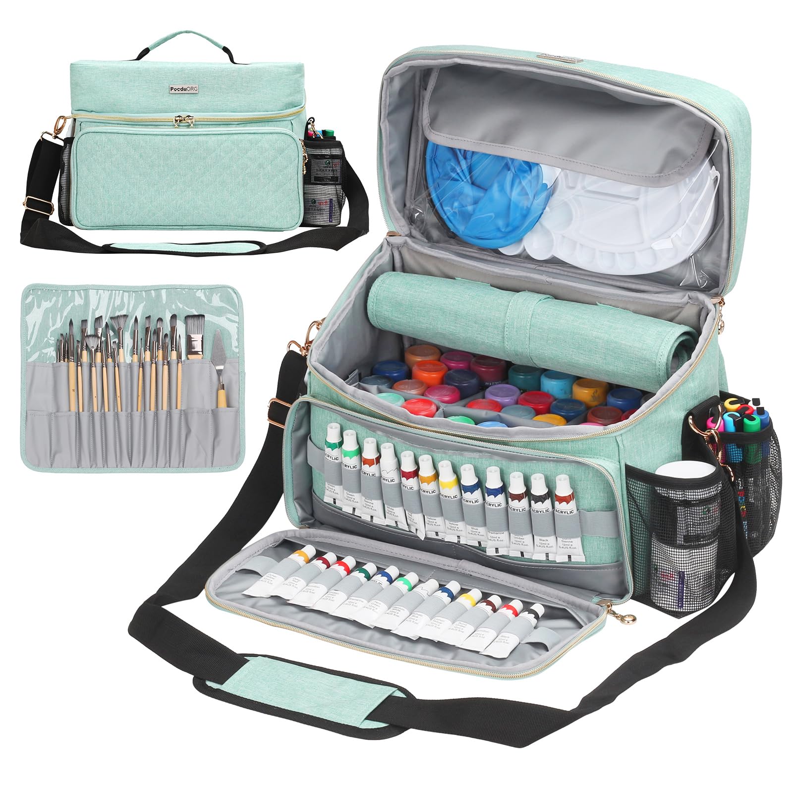Art Supplies Organizer Storage Bag with Detachable Paint Brush Holder & Partition - Carrying Case for Home/Travel/Outdoor Fits Marks, Acrylic Paint, Palettes, Folding Buckets, Portfolios (Pro Green)