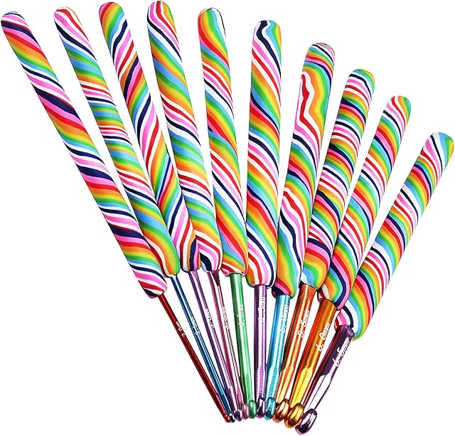 Coopay Rainbow Crochet Hook Set, Crochet Hooks for Arthritic Hands, Pretty Crochet Hooks with Long Ergonomic Clay Handle, Travel Metal Crochet Hook Sets Soft Grip, Beginners Crochet Gift Full Kit