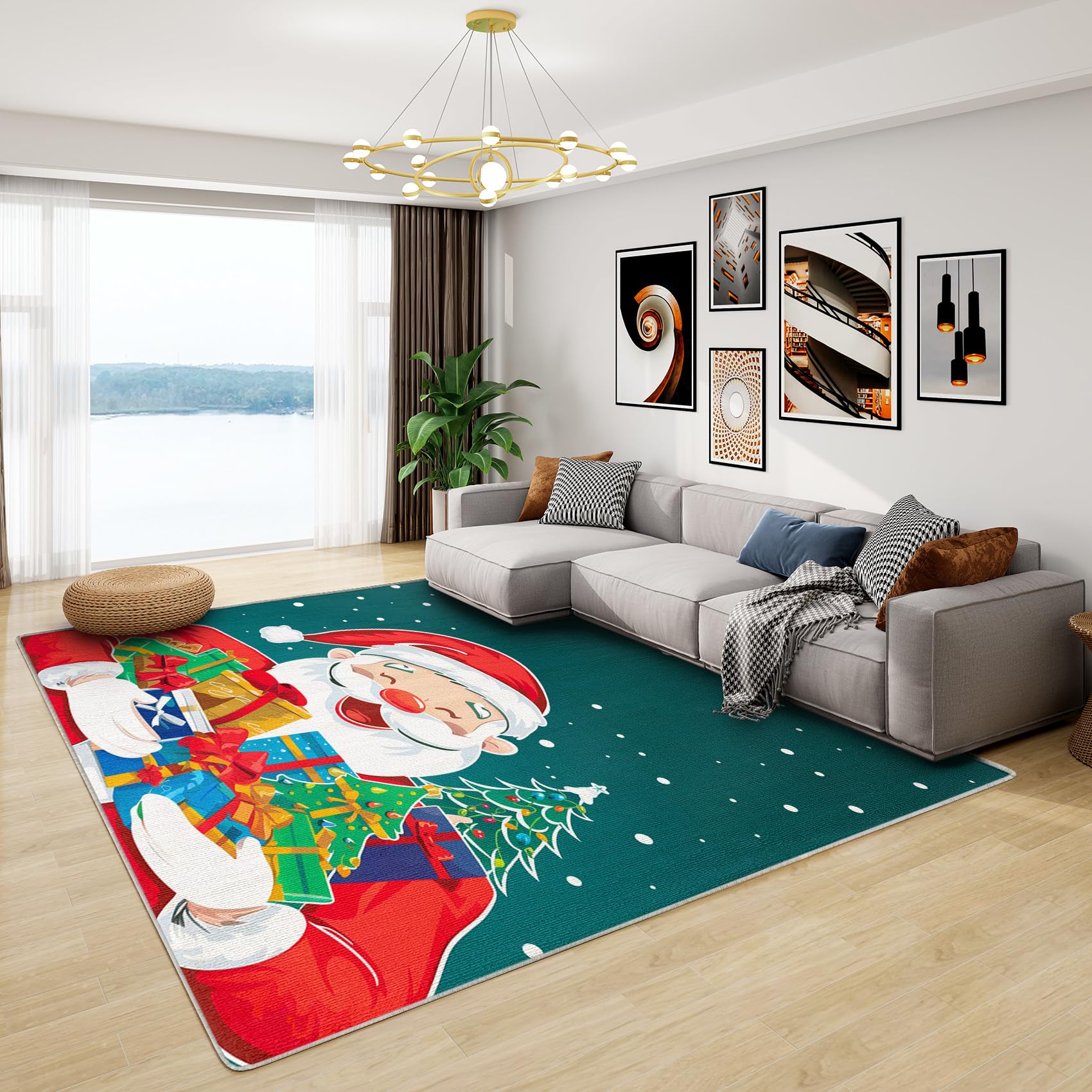 Christmas Door Mat - Santa Claus Rug, Xmas Rugs for Living Room Bedroom, Washable Non Slip Soft Large Carpet, Patterned Area Rugs & Home Decor 120x170 cm