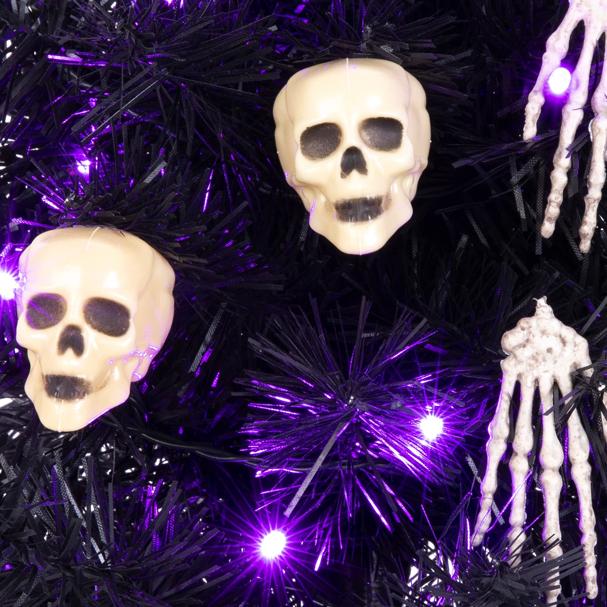 Sunnyglade 21.6 Inch 30 LED Mini Halloween Black Tree Artificial Spooky Tree Glittered with Purple Lights & Skull Head, Skeleton Hands Decoration for Halloween Indoor Tabletop Decoration