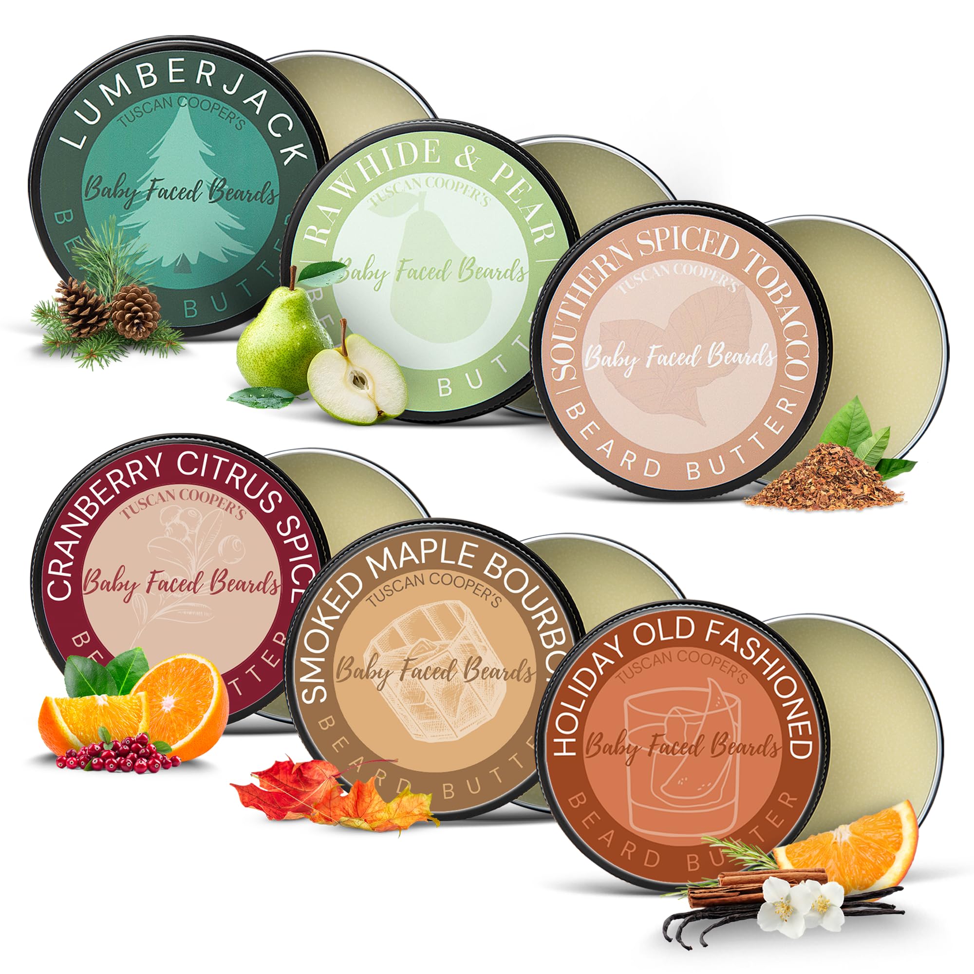 Tuscan Cooper's Baby Faced Beards Butter For Men - 6 Pack Bundle, Various Scents - Moisturizing Beard Balm Cream and Softener for All Hair Types Including Coarse Hair