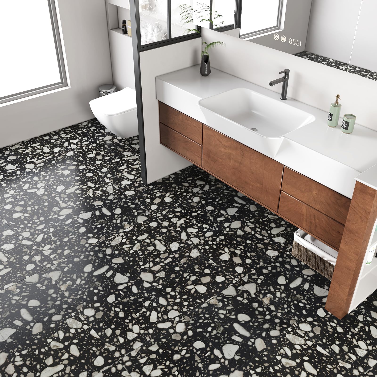 VEELIKE PVC Bodenbelag Terrazzo Schwarz PVC Fliesen Selbstklebend Vinylboden Granit Schwarz Fliesenaufkleber Bodenfliesen Küchen PVC Fliesen Garage Wohnzimmer Schlafzimmer 1.5mm 30cm×30cm 24 Stück