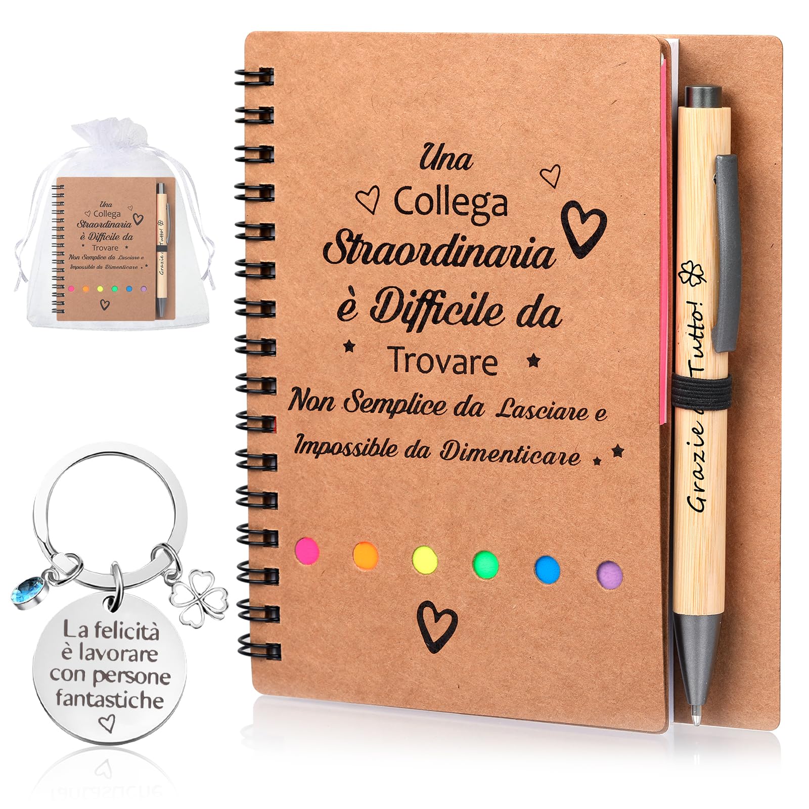 Set regalo 4 pezzi per colleghi: quaderno spirale, penna retrattile, portachiavi, sacchetto garza
