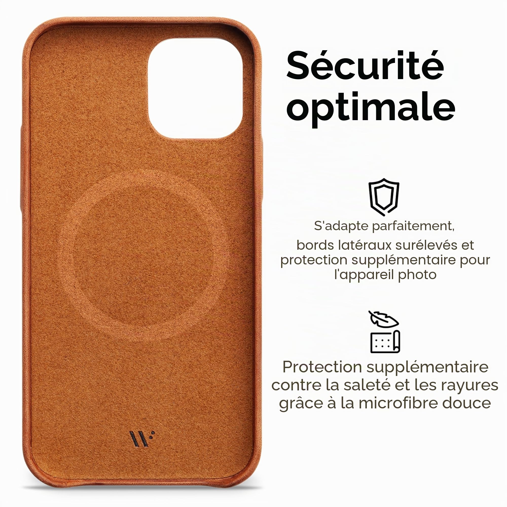 WIIUKA Étui de protection en cuir pour iPhone 15, fabriqué en Allemagne, étui en cuir extra fin, étui de protection haut de gamme, coque Qi, marron cognac vintage