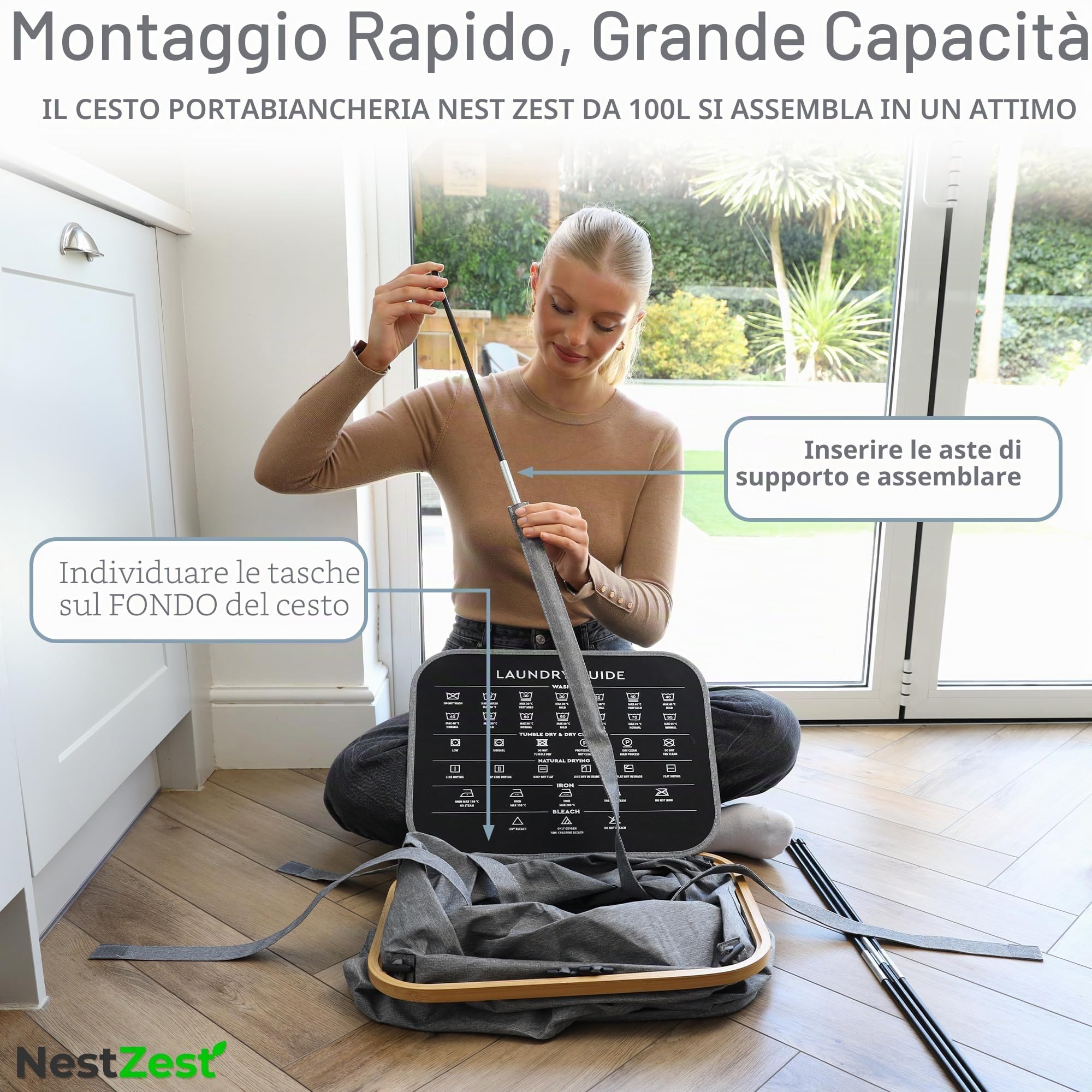 Nest Zest - Cesto portabiancheria doppio da 100L con coperchio, 2 scomparti per ordinare il bucato, cesto portabiancheria con guida per la cura e 2 sacchetti interni rimovibili, cesto per vestiti