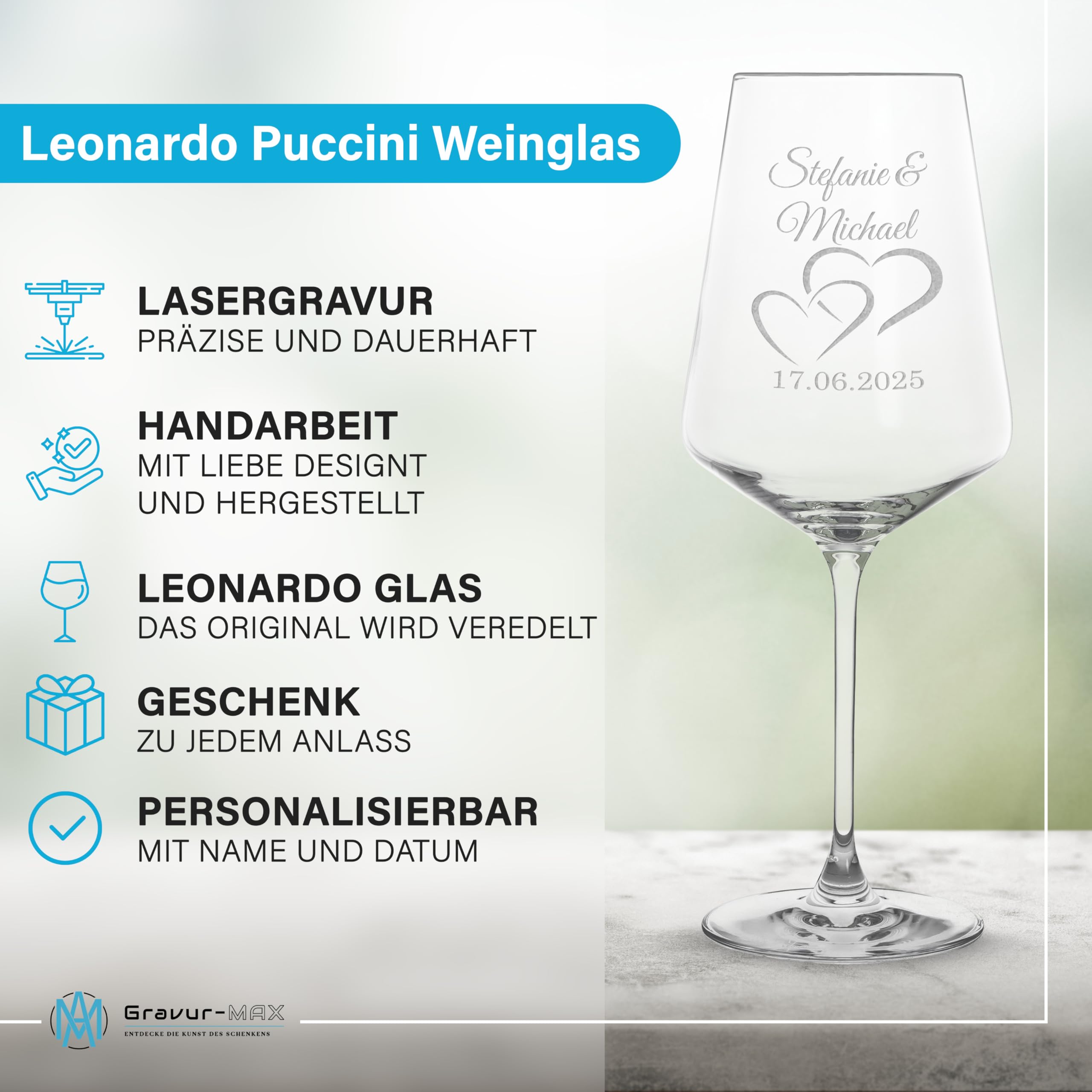 Weinglas 2er Set 560 ml „Nur die Liebe zählt“ - Herz-Glas – Leonardo Puccini Glas mit Lasergravur – personalisierte Weingläser mit Namen & Datum in Holzbox – Geschenk für Paare