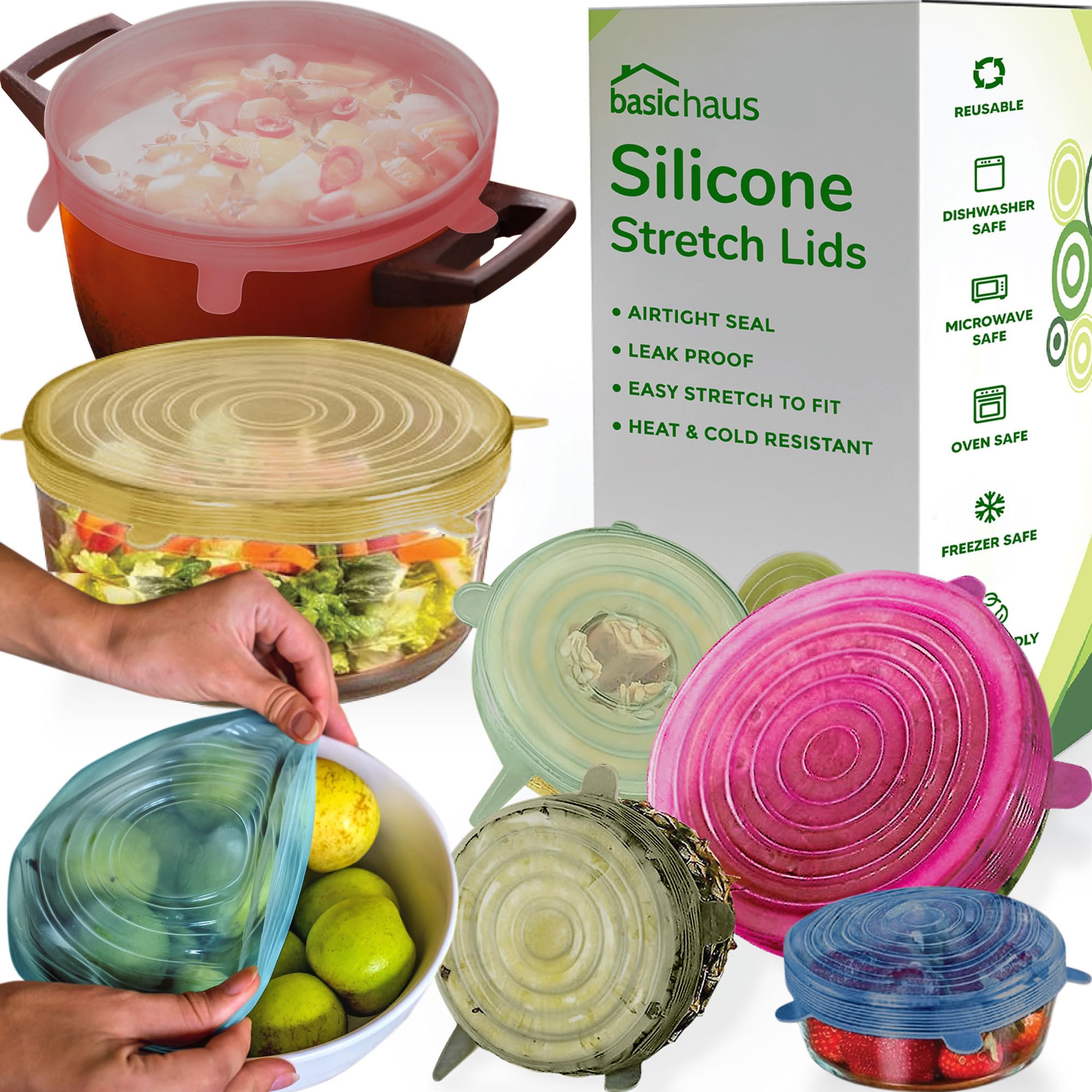 Reusable Silicone Stretch Lids for Food Storage in Fridge - Elastic Heat-Resistant Bowl Covers, Cups, Cans, Jars - Universal Food Grade Lid for Round and Rectangle Containers - 7 Pack - Multicolor