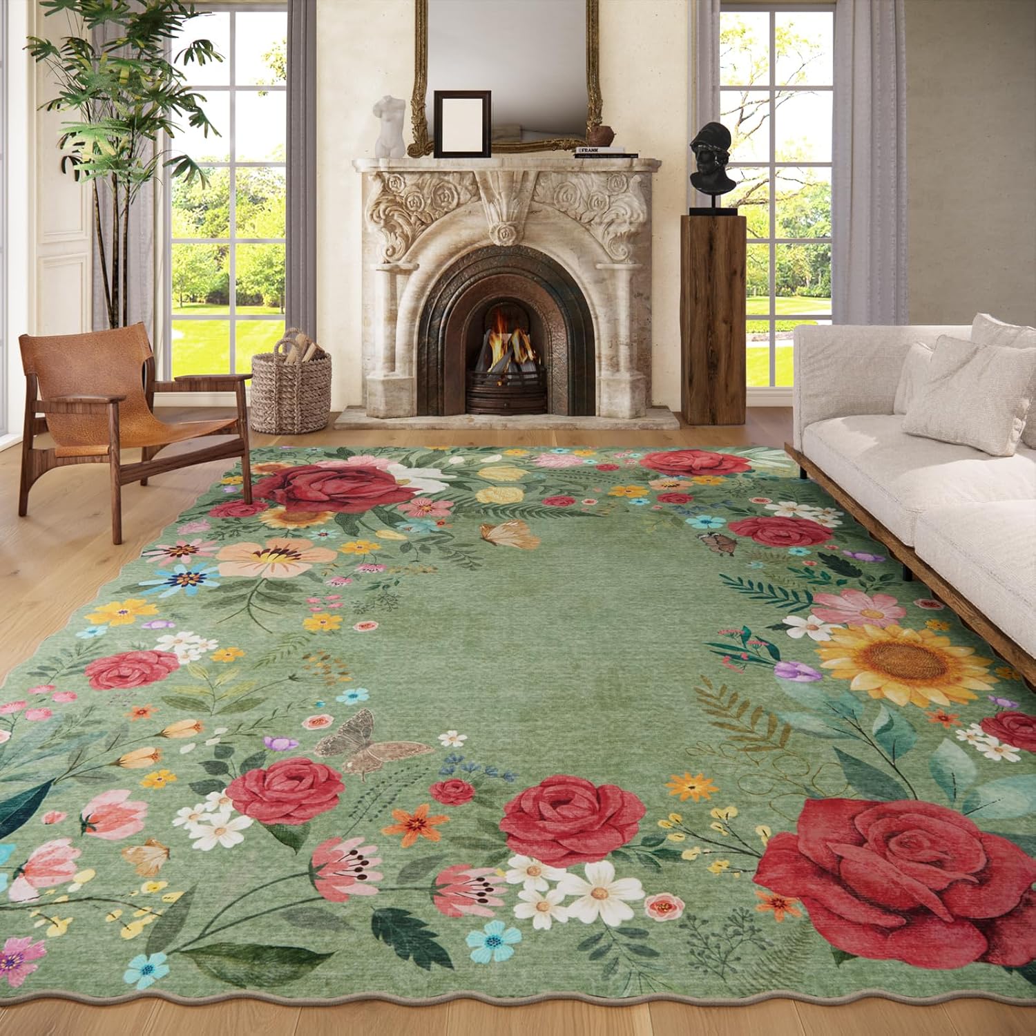 8'x10' Washable Rugs for Living Room, Soft Lightweight Non Slip Stain Resistant Dining Room Vintage Boho Floral Green Rug Easy Clean Throw Carpet for Bedroom
