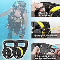 Vista 3 de Carrete de buceo con tapón de pulgar, resistente 46m/150ft White Line SMB Scuba Ratchet Dive Reel con interruptor de tope de mango para cueva