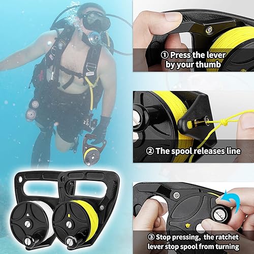Miniatura 3 de Carrete de buceo con tapón de pulgar, resistente 46m/150ft White Line SMB Scuba Ratchet Dive Reel con interruptor de tope de mango para cueva
