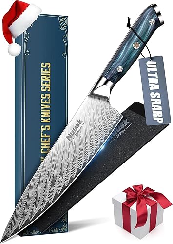 Huusk Cuchillo de chef de 8 pulgadas, cuchillo de cocina japonés inoxidable con mango ergonómico y funda de resina, cuchillos de cocina afilados de