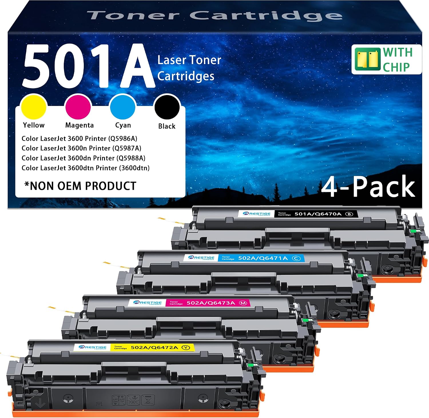 501A Toner Cartridge (with Chip) Replacement for HP 501A 502A Color LaserJet 3600 3600n 3600dn 3600dtn CP3505 Prints | Black Cyan Magenta Yellow , Q6470A 4-Pack