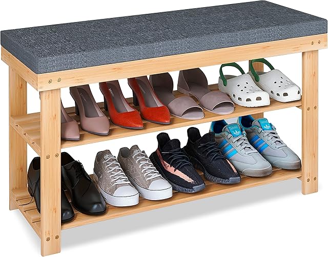 SMIBUY Shoe Rack Bench, 3-Tier Sturdy Bamboo Shoe Organizer with Foam Padded Seat, Storage Shelf for Entryway, Hallway, Bedroom or Living Room, 87 x 30 x 49 cm, (Natural and Grey)