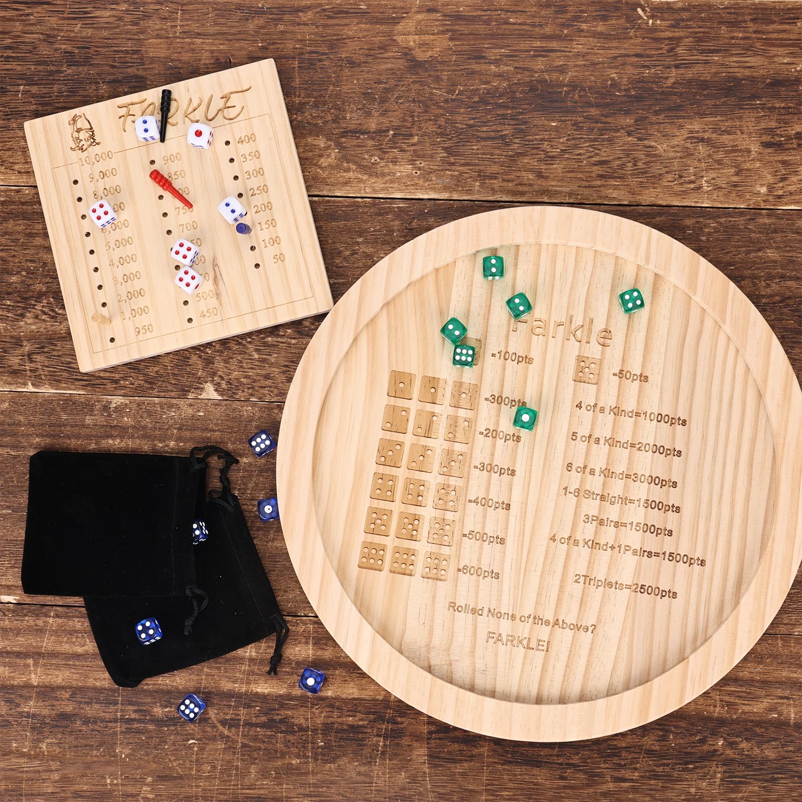 Plateau à Dés Pour Jeu Farkle - En Bois Avec 6 Dés Inclus - Contient Les Dés, Idéal Soirée Jeux Famille Ou Amis