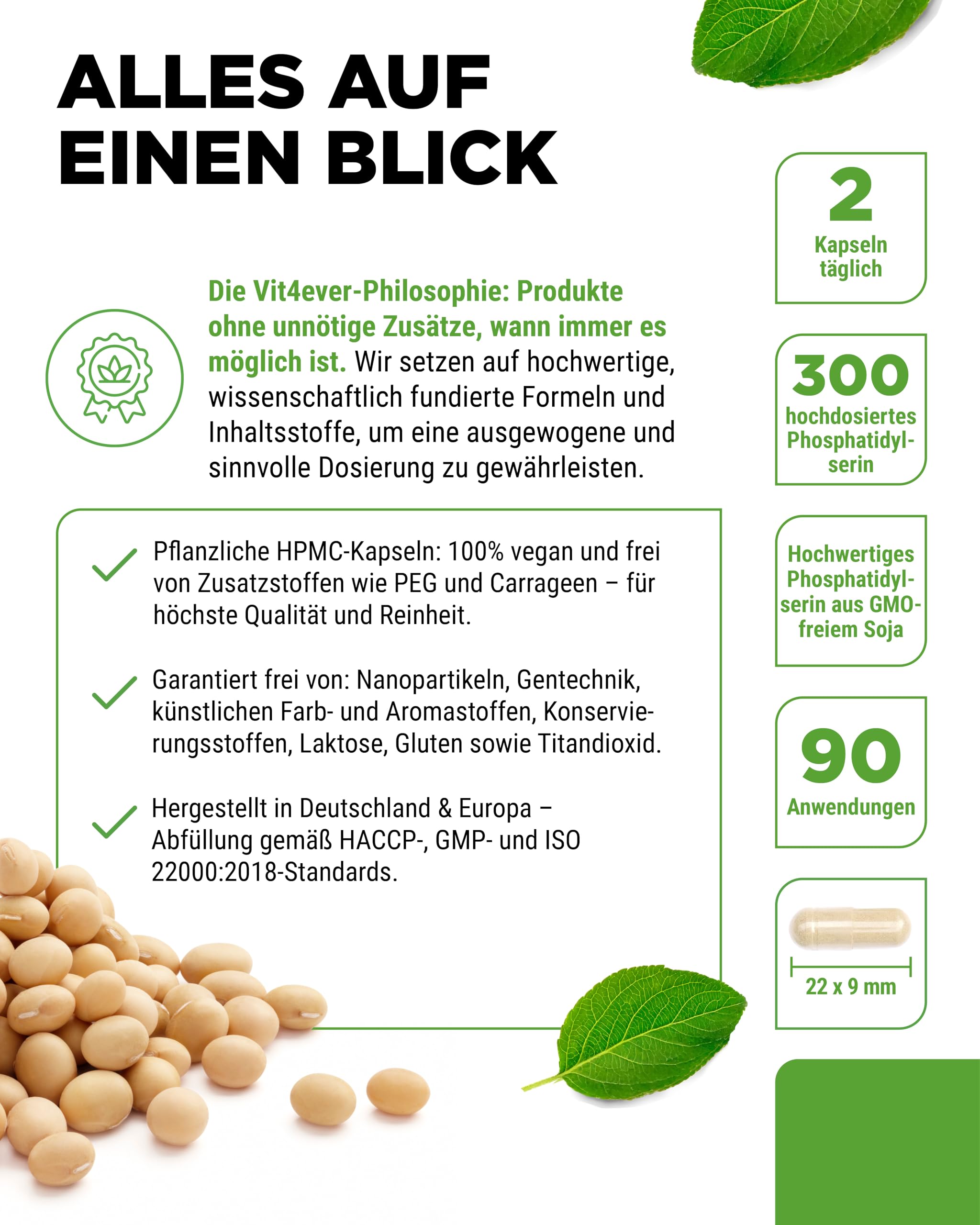 vit4ever Phosphatidylserin Kapseln - 300 mg pro Tagesportion - 180 Kapseln - Hochdosiert - PS Phospholipid - Vegan - Ohne unnötige Zusätze - Laborgeprüft