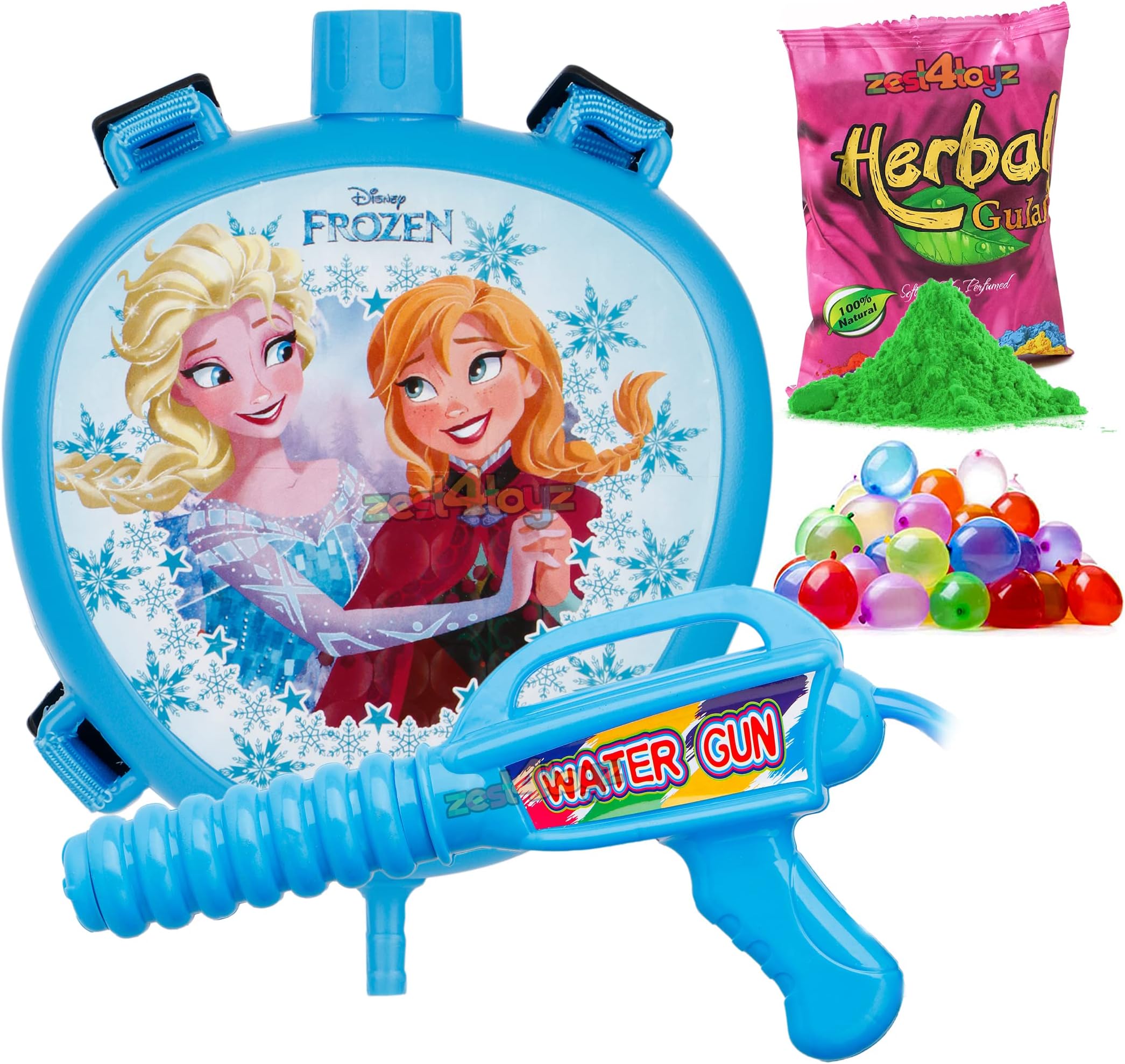 Zest 4 Toyz Holi Water Pichkari for Kids Holi Backpack Water Tank with 1 Pkt Herbal Gulal and 100 Water Balloons for Holi Celebration- Boys & Girls(Blue)- Mini Tank
