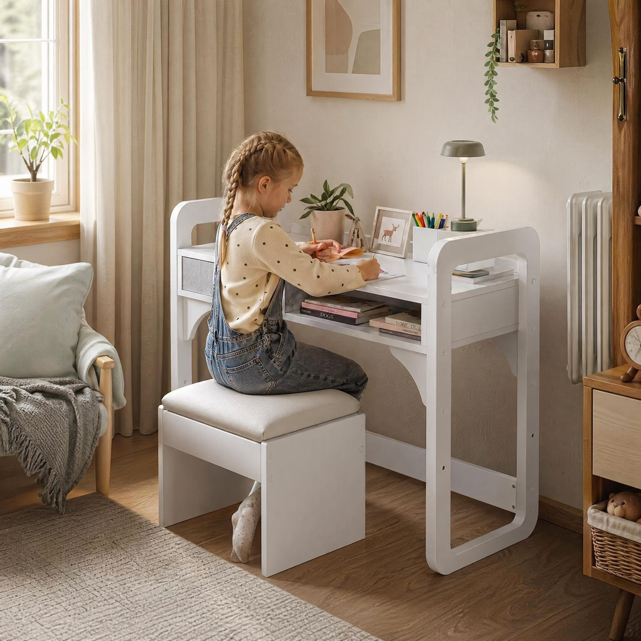 Kinderschreibtisch Mit Stuhl Set, Höhenverstellbarer Kindertisch Mit Stauraum, Ergonomischer MDF Holz Basteltisch Maltisch Ab 3-8 Jahre, Schreibtisch Kinderzimmer Mädchen Jungen, Weiß