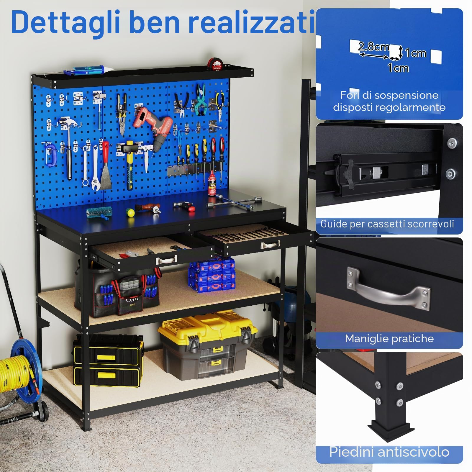 SOARS Banco da Lavoro, Organizer per Attrezzi in Metallo con 3 Pannelli Perforati con Kit di 24 Ganci, 2 Cassetti e 2 Ripiani, Banchi da Lavoro per Officina, Garage (Blu, 121 X 61 X 156 CM)