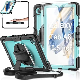 Samsung Galaxy Tab A8 10.5-inch Case 2022 SM-X200/X205/X207, [with Tempered Glass Screen Protector] BASE MALL Full Body Rugged Case,360° Rotating Kickstand/Hand & Shoulder Strap/S Pen Holder (Skyblue)