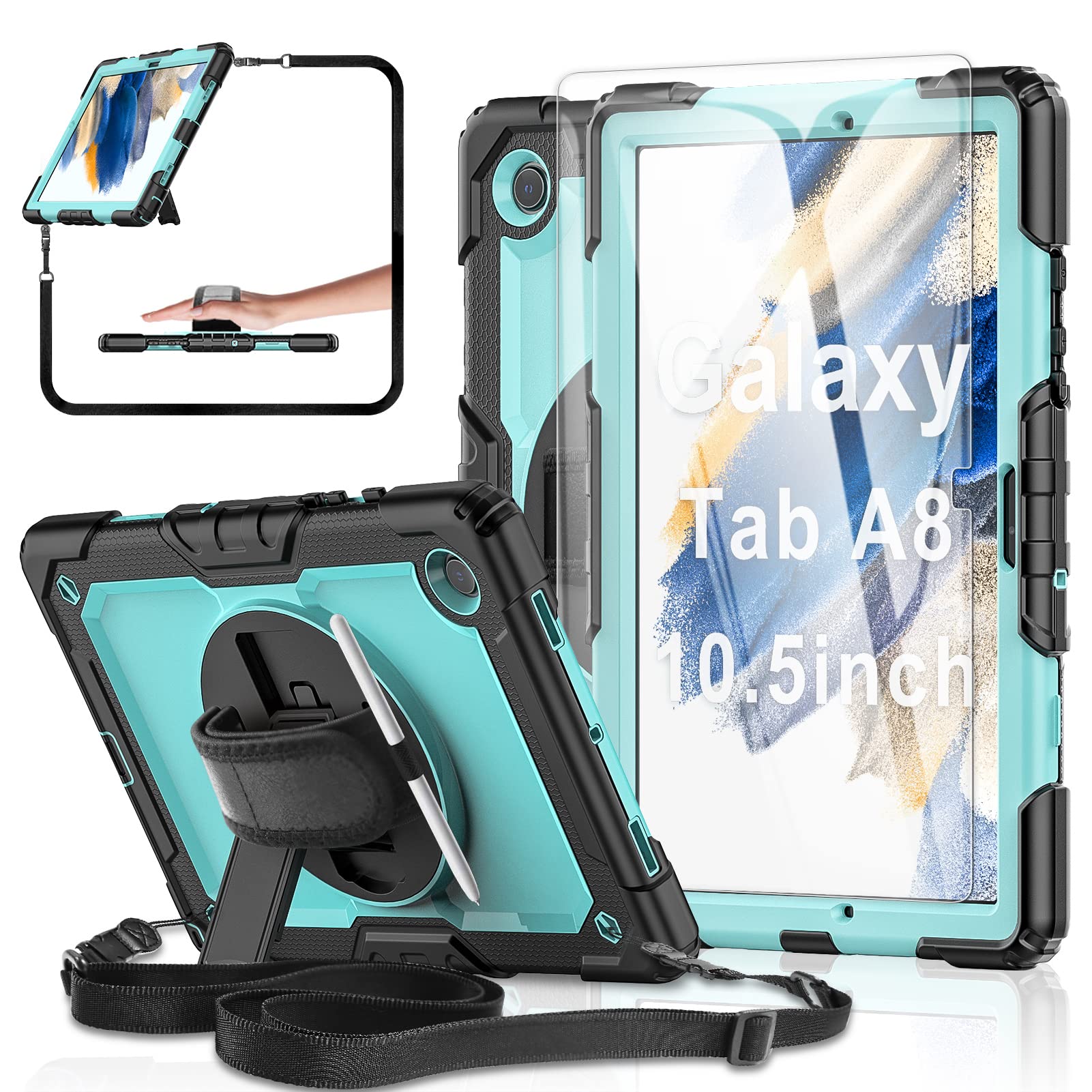 Tablet Case for Samsung Galaxy Tab A8 10.5-inch 2022 SM-X200/X205/X207, [with Tempered Glass Screen Protector],360° Rotating Kickstand/Hand & Shoulder Strap/S Pen Holder (SkyBlue)