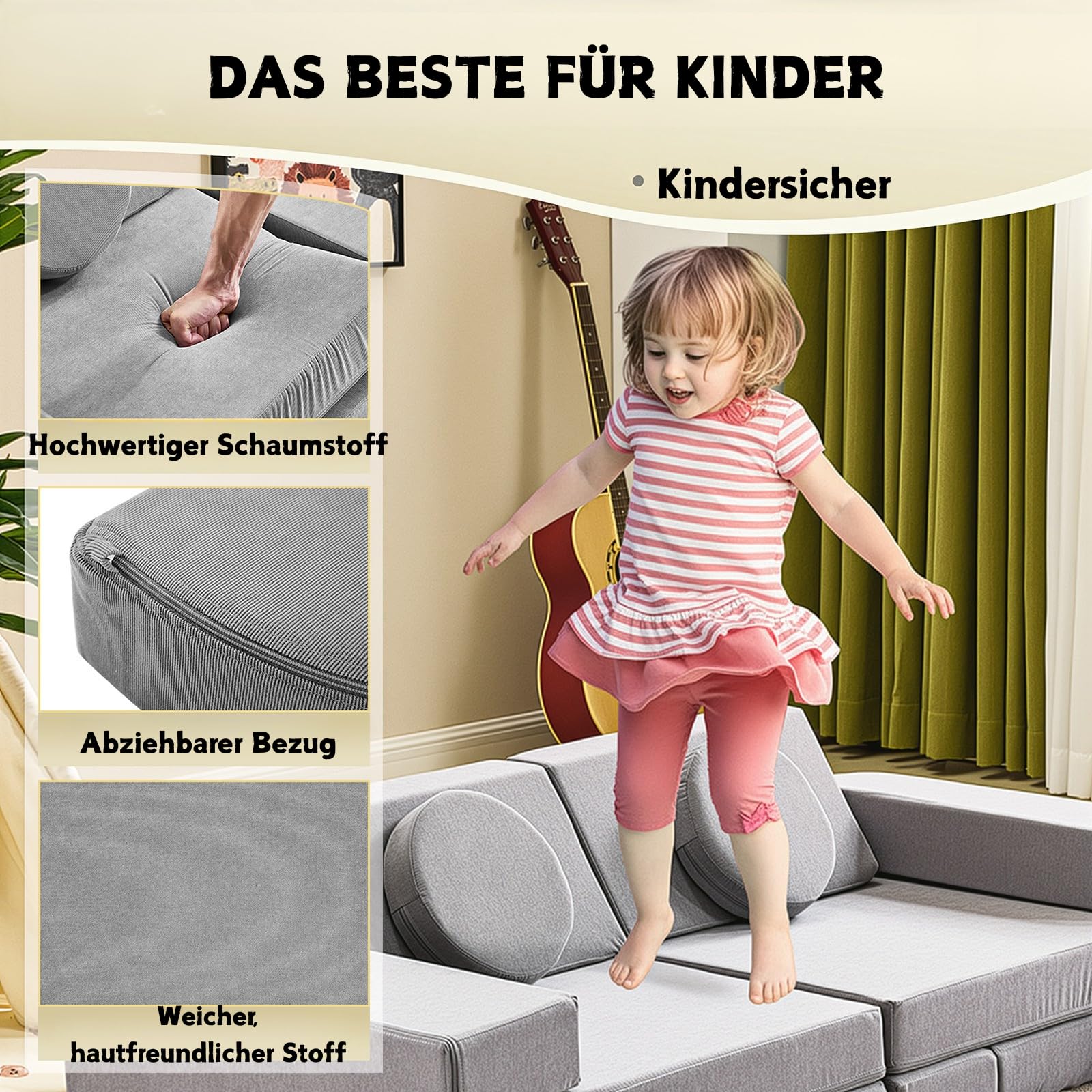 LALAHO Kindersofa Spielsofa für Kinder aus Kordsamt Cord，Klappbar Schaumstoff Bausteine kindercouch & Kindersessel，Vielseitige über Frei Baubare DIY，für Kinder für Spielzimmer，Schlafzimmer Möbel（Grau）
