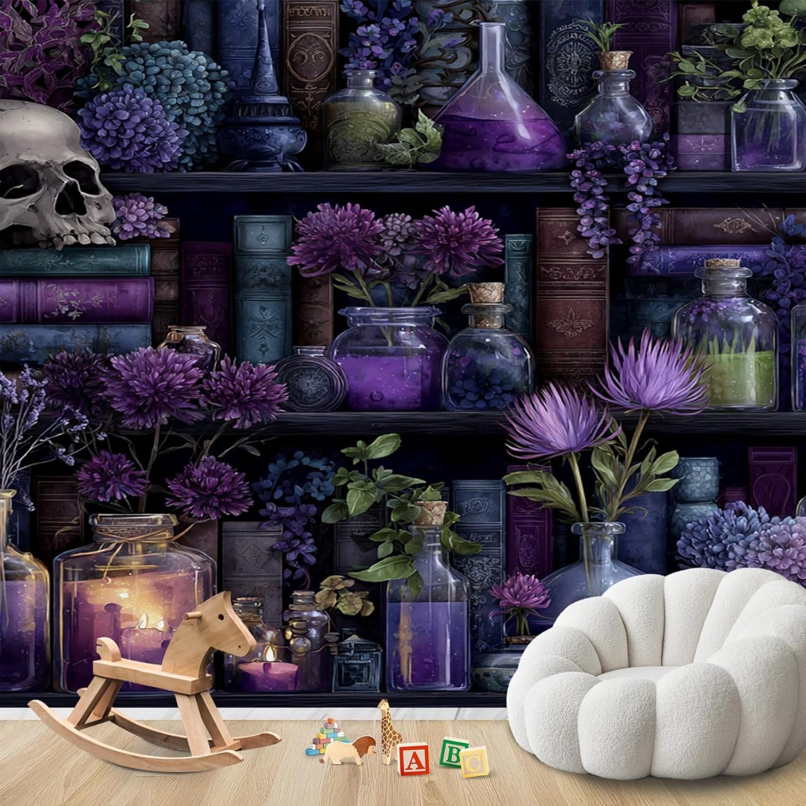 hgjdjhnf Photo Wallpaper Magic Bookshelf Wallpaper Purple Gothic Magic Potion Non-Woven Living Room Bedroom Children's Room Wall Decoration Motif,300cmx210cm Stickers - Frameless Painting - Poster