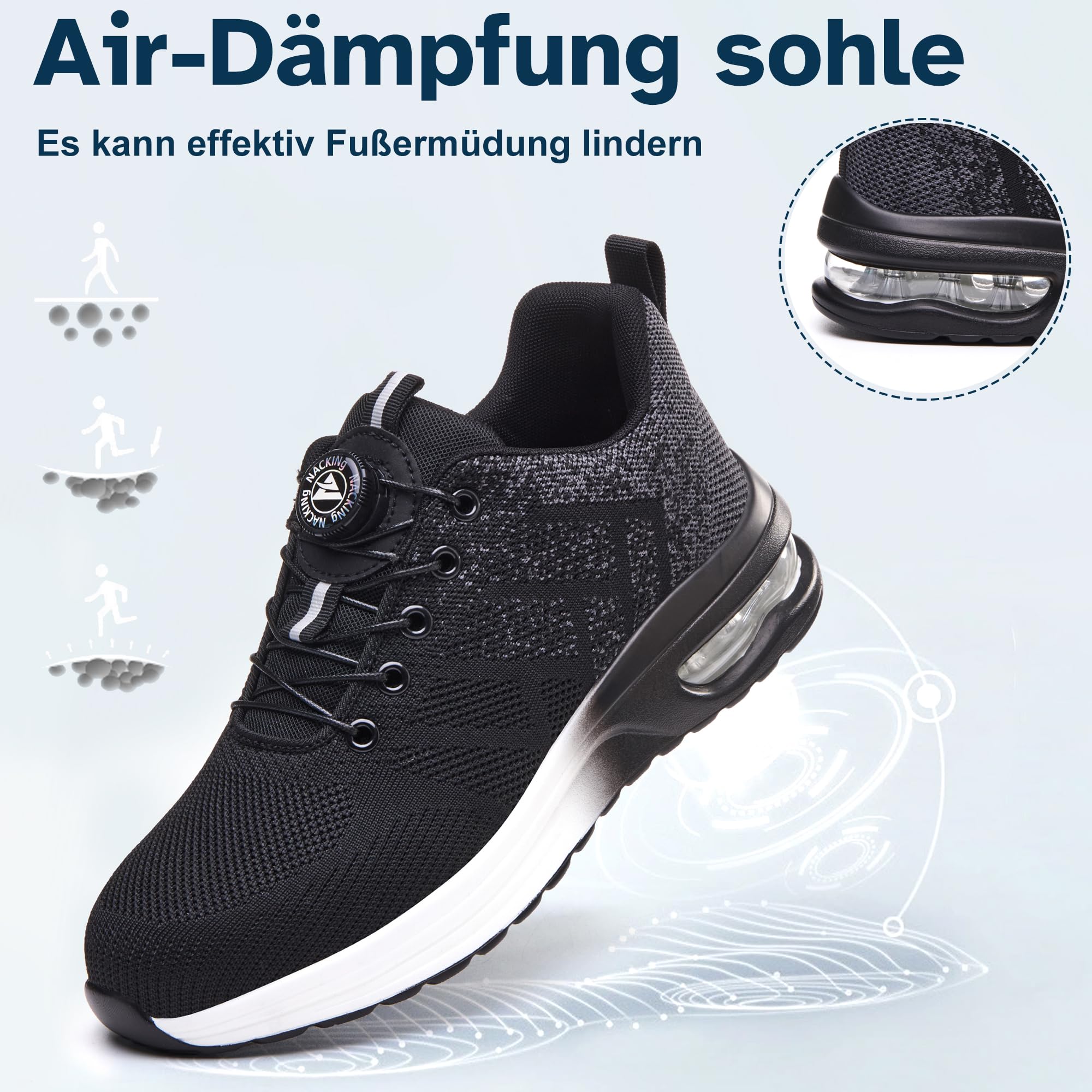 Buty bezpieczne robocze Obuwie ochronne Lekkie przewiewna, szary, 38 EU | z stalowym czubkiem podeszwą kevlarową odporną na przebicia, system zapinania z pokrętłem, amortyzacja powietrzna