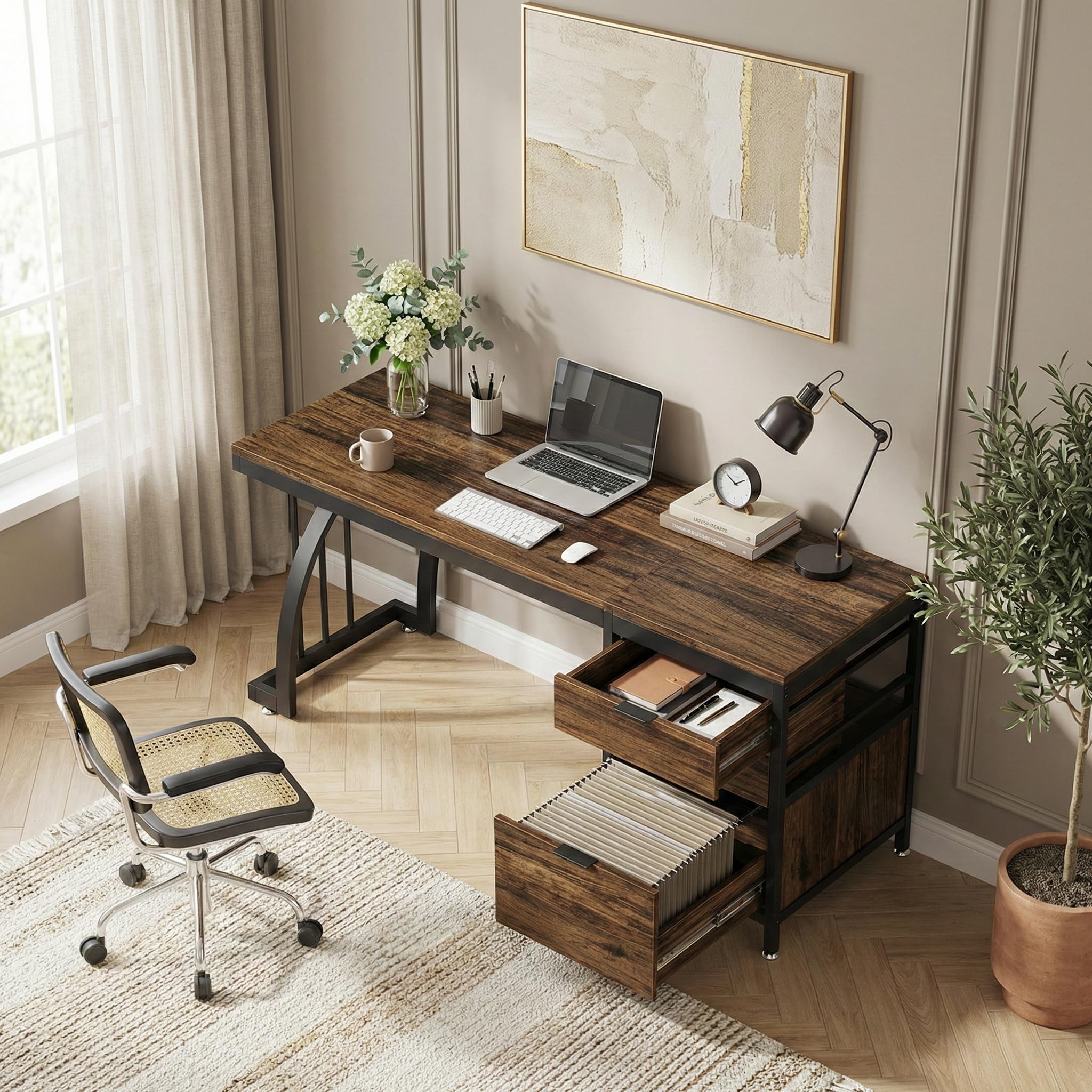 Lailang 150cm Scrivania Computer con 3 Cassetti, Scrittoio Vintage, Scrivania da Studio, Mobili Ufficio Moderni, Scrivania Gaming Marrone, Scrivania Lunga, 150 x 50 x 75 cm, Marrone Rustico