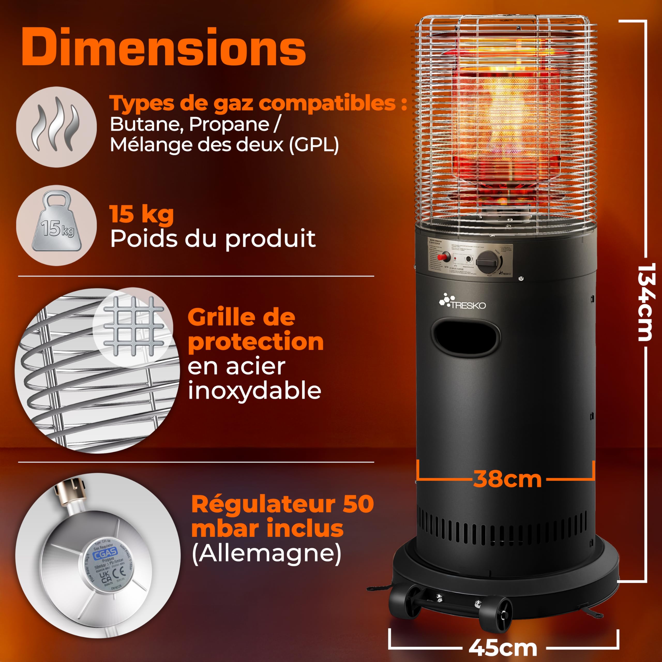 TRESKO Chauffage de terrasse à gaz 11kW + roulettes, pour bouteilles 5 & 11kg | Chauffage extérieur puissant pour terrasse, balcon, jardin, camping | Parasol chauffant avec tuyau et détendeur (Noir)