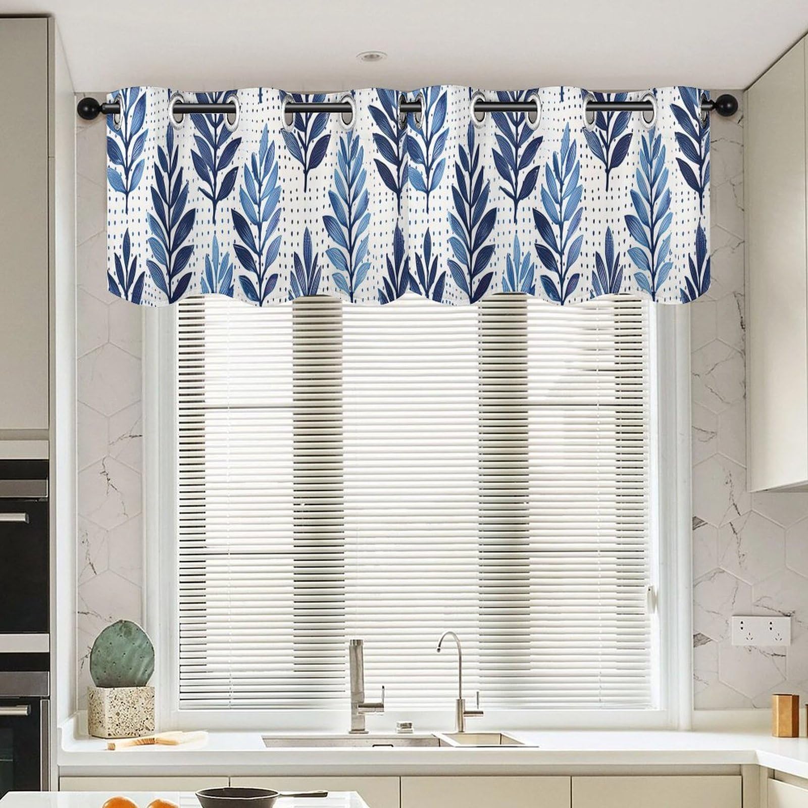 Cantonnière en treillis bleu indigo lot de 2 rideaux de cuisine asiatiques 132cm