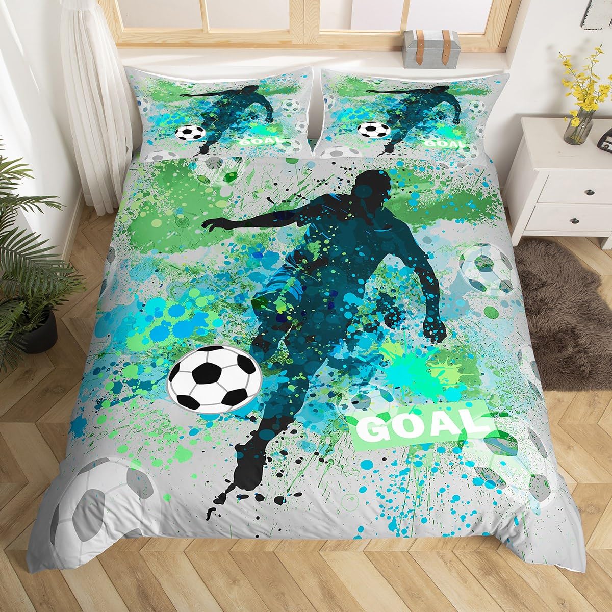 Soccer Kids Duvet Cover Super King Size,Tie Dye Watercolor Style Comforter Cover for Kids Teens Adults Bedroom Decor,Football Athlete Sport Goal Bedding Set 2 Pillowcases,No Comforter