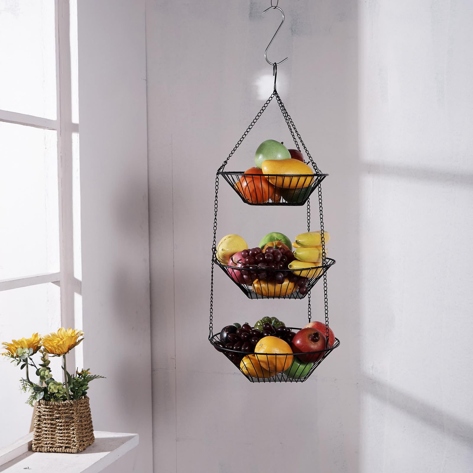 Cesta colgante de frutas de alambre de 3 niveles, cesta organizadora de almacenamiento de cocina, calcomanía sin costuras 3M y gancho de pared en S, adecuada para baño, cocina, armario 7