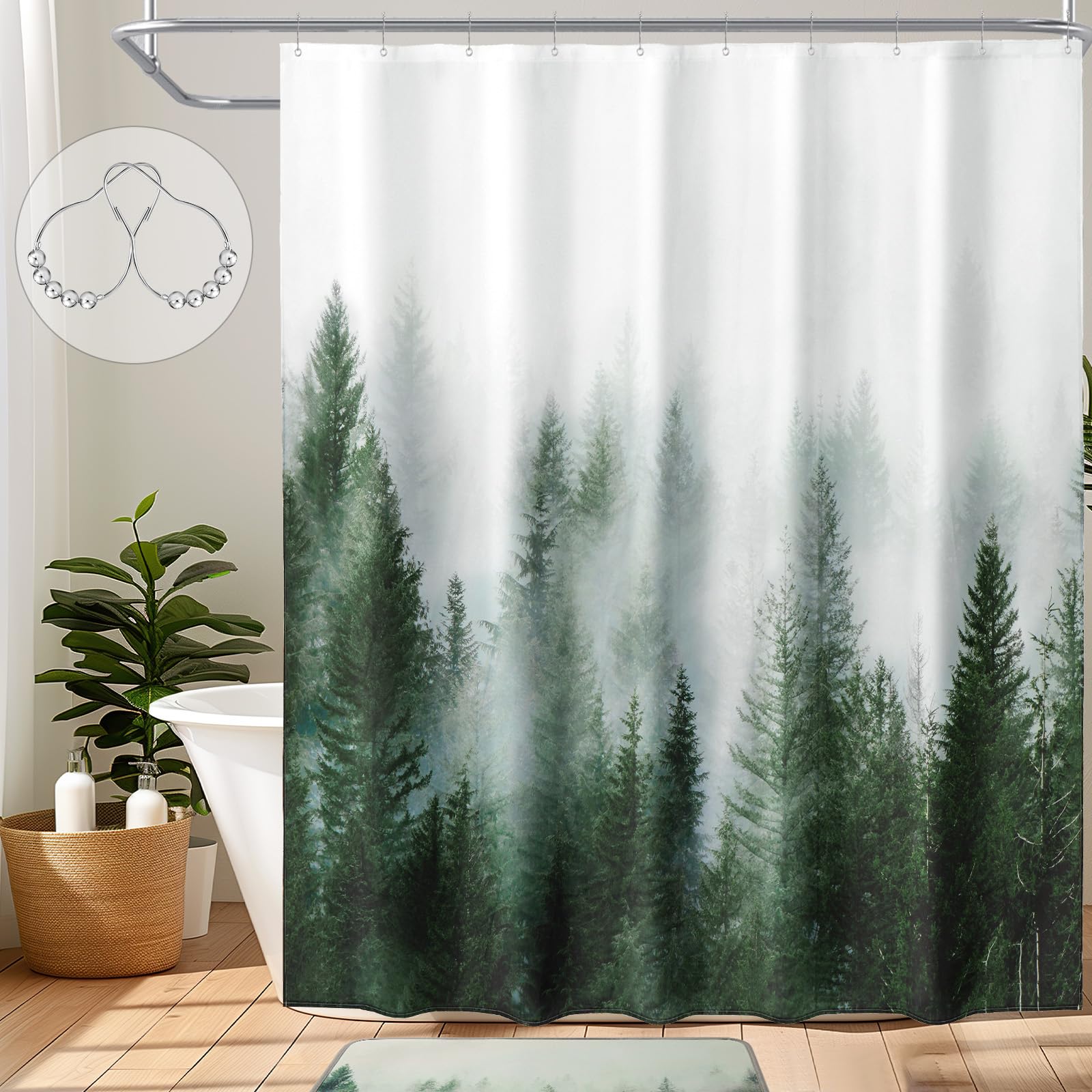 ORTIGIA Green Misty Forest Shower Curtains,Nature Shower Curtain,Woodland Shower Curtain,Fantasy Fog Magic Tree Bath Curtain for Bathroom,Fall Shower Curtain,Waterproof Polyester Fabric-72 Wx72 L