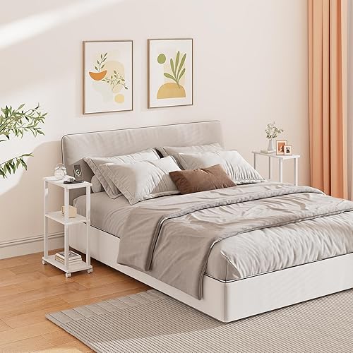 Miniatura 5 de TUTOTAK Mesa auxiliar pequeña, mesa auxiliar estrecha, mesita de noche, mesa auxiliar de sofá con ruedas para sala de estar o dormitorio, blanco