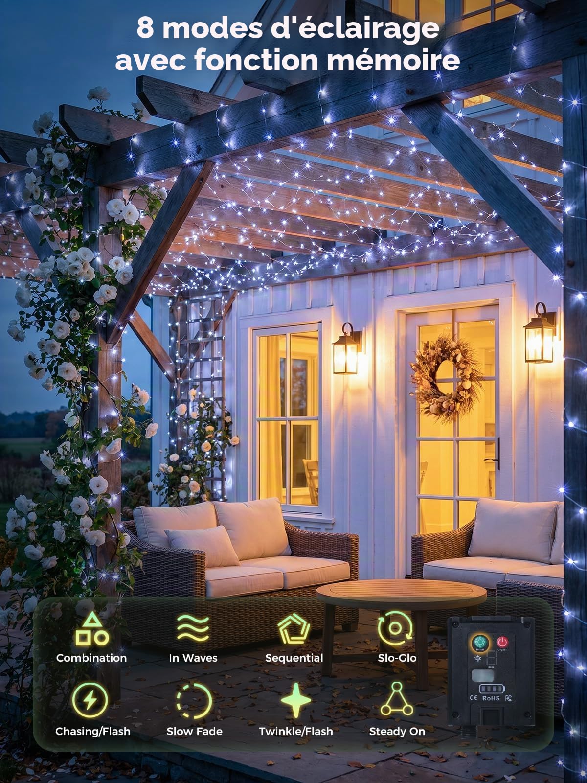 guirlande solaire LED blanche froide de 60m pour extérieur, étanche, avec 600 LED, idéale pour patio, jardin, arbres, mariage, Noël.