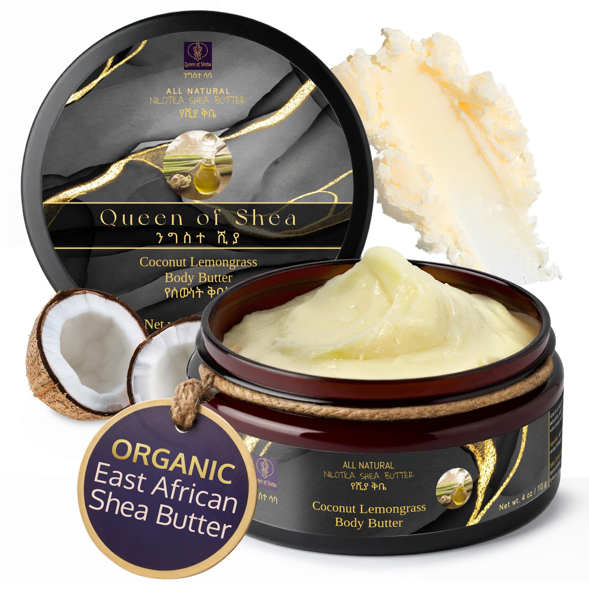 Afrikanische Sheabutter, rohe Bio-Sheabutter für die Haut, 118 ml, Kokosnuss-Zitronengras, USDA Bio-zertifizierte, natürliche Feuchtigkeitscreme für Gesichts-, Haar- und Körperpflege, geeignet für