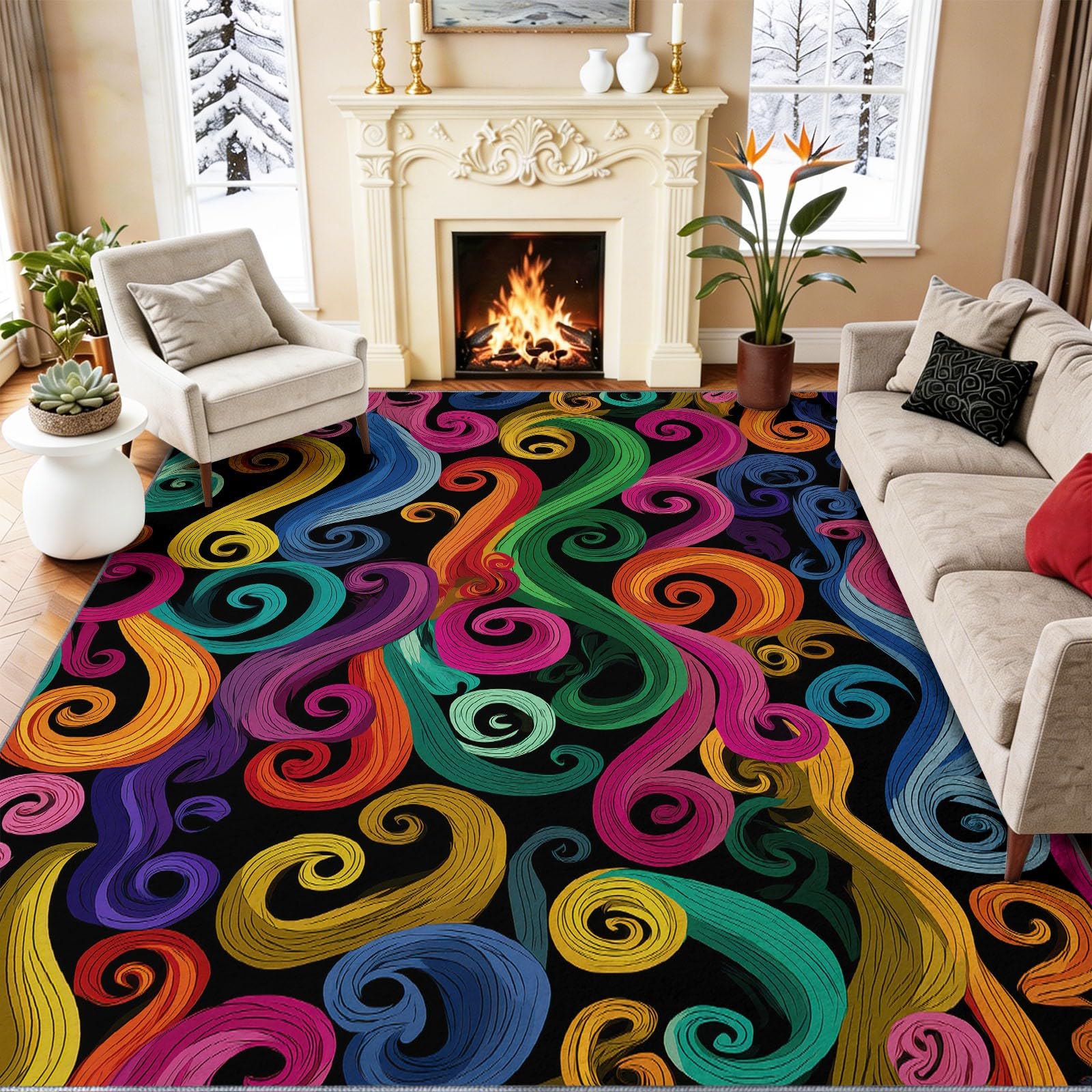 160 x 230 cm Tapis à Poils Courts lavables, Couleur Fantaisie Néon Carpet Motif, Effet 3D Vagues Tourbillons Arcs-en, pour décoration la Chambre Manger à Coucher de Salon