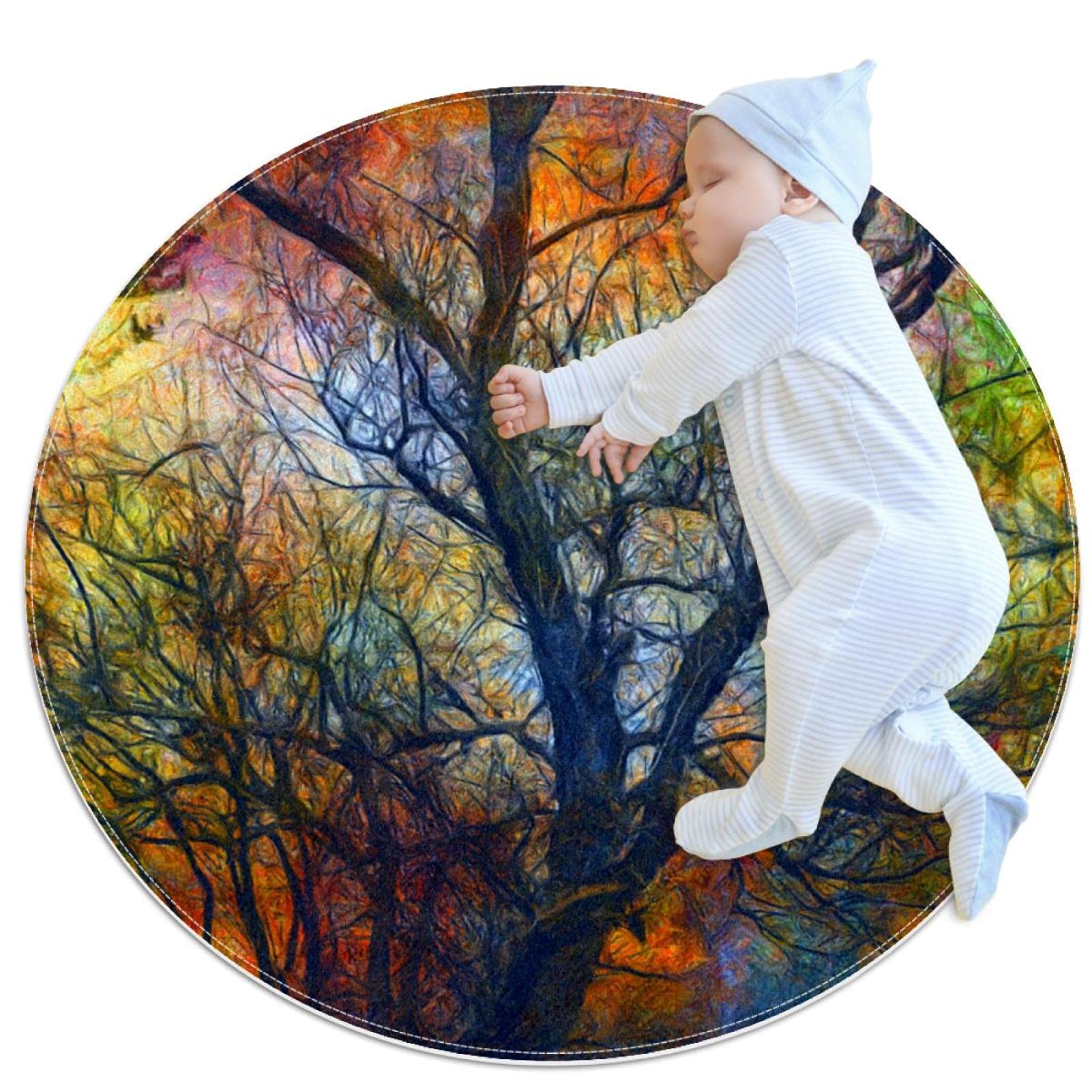 Tapis de salle de bain rond 1m au motif lune d'automne et arbre mort