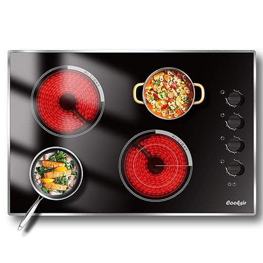 Electric Cooktop 30 Inch - 4 Burner Built-in(29.13"x19.3") Electrical Stovetop 7400W, 30 In Radiant Electric Stove with Glass Protection Metal Frame, Auto Shut Off, 220-240V Hard Wired