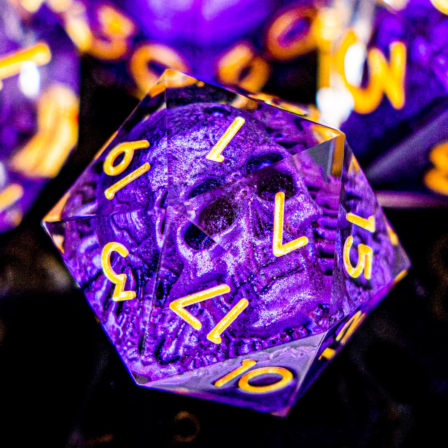 DND Totenkopf-Würfel-Set, 7-teilig, Nekromanter, polyedrische Würfel für Dungeons Dragons, Rollenspiele, Harz, scharfe Kanten, D- und D-Würfel mit Geschenk-Box, D6, D8, D10, D12, D20, Violett